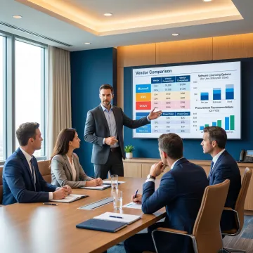Consultant reviewing IT purchasing options with client