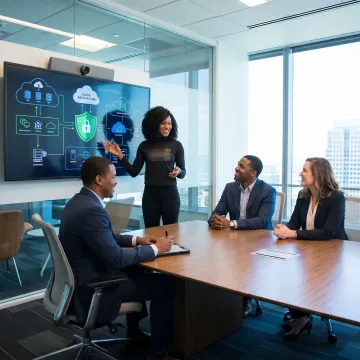 IT consultant presenting technology strategy to business team