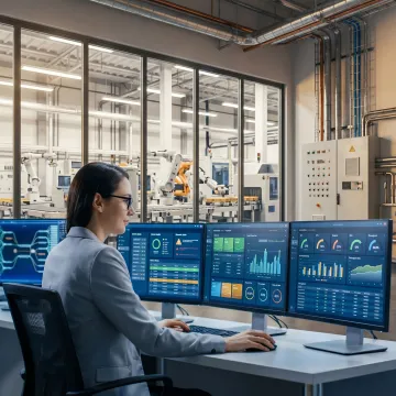 Technician reviewing manufacturing IT system health
