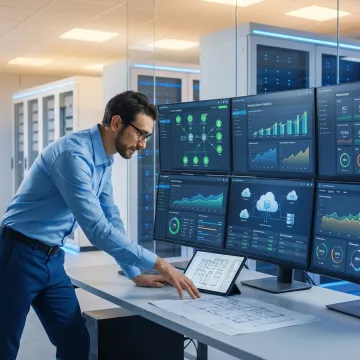 Technician reviewing managed IT systems for a business