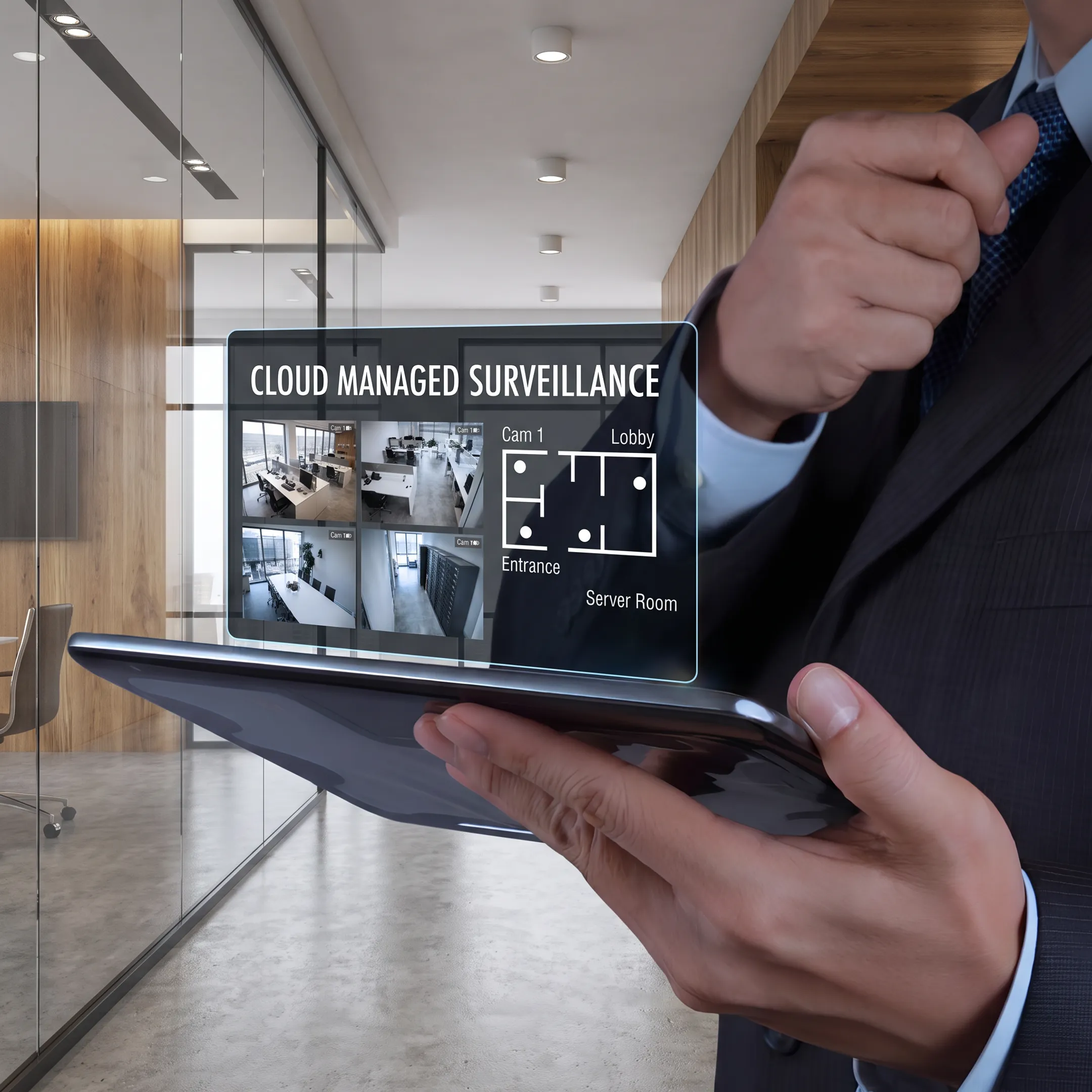 Technician configuring cloud security cameras on a tablet interface