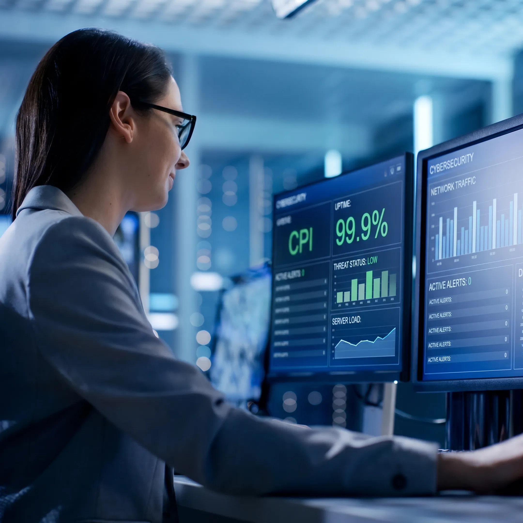IT technician monitoring business network systems on multiple screens
