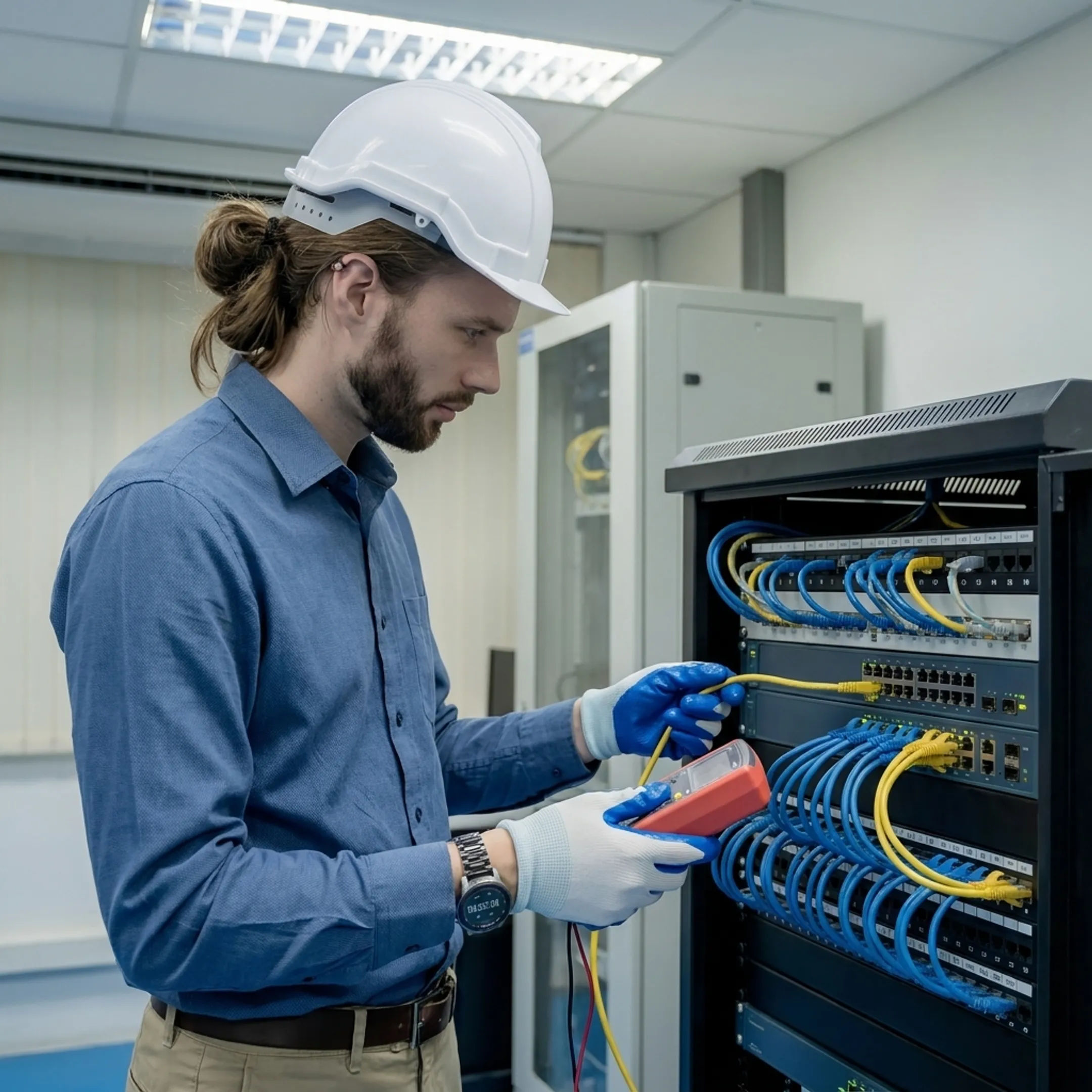 Certified technician configuring network security switches in a modern commercial office