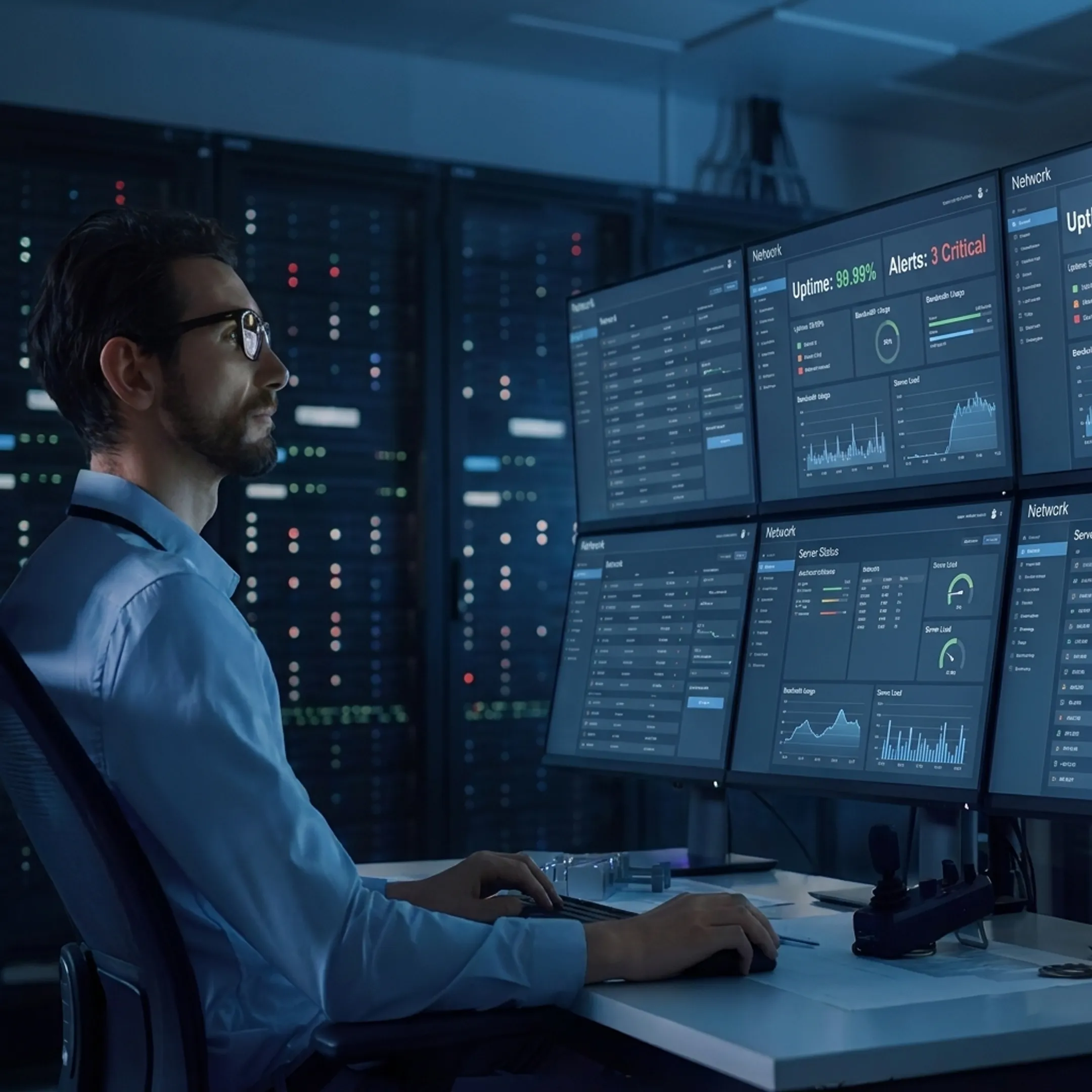 IT technician monitoring business network servers on multi-screen setup