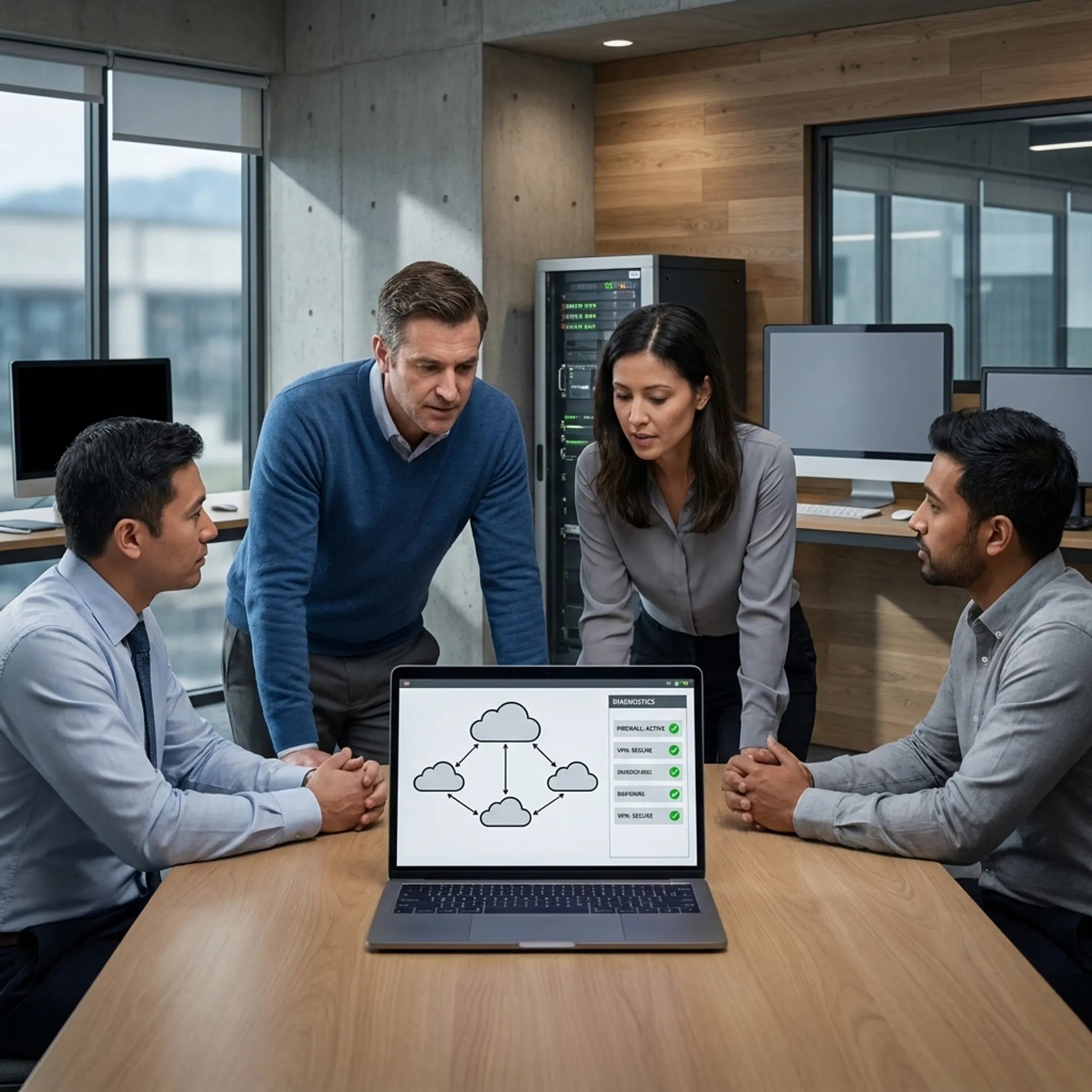 Engineers collaborating on enterprise cloud infrastructure in modern office