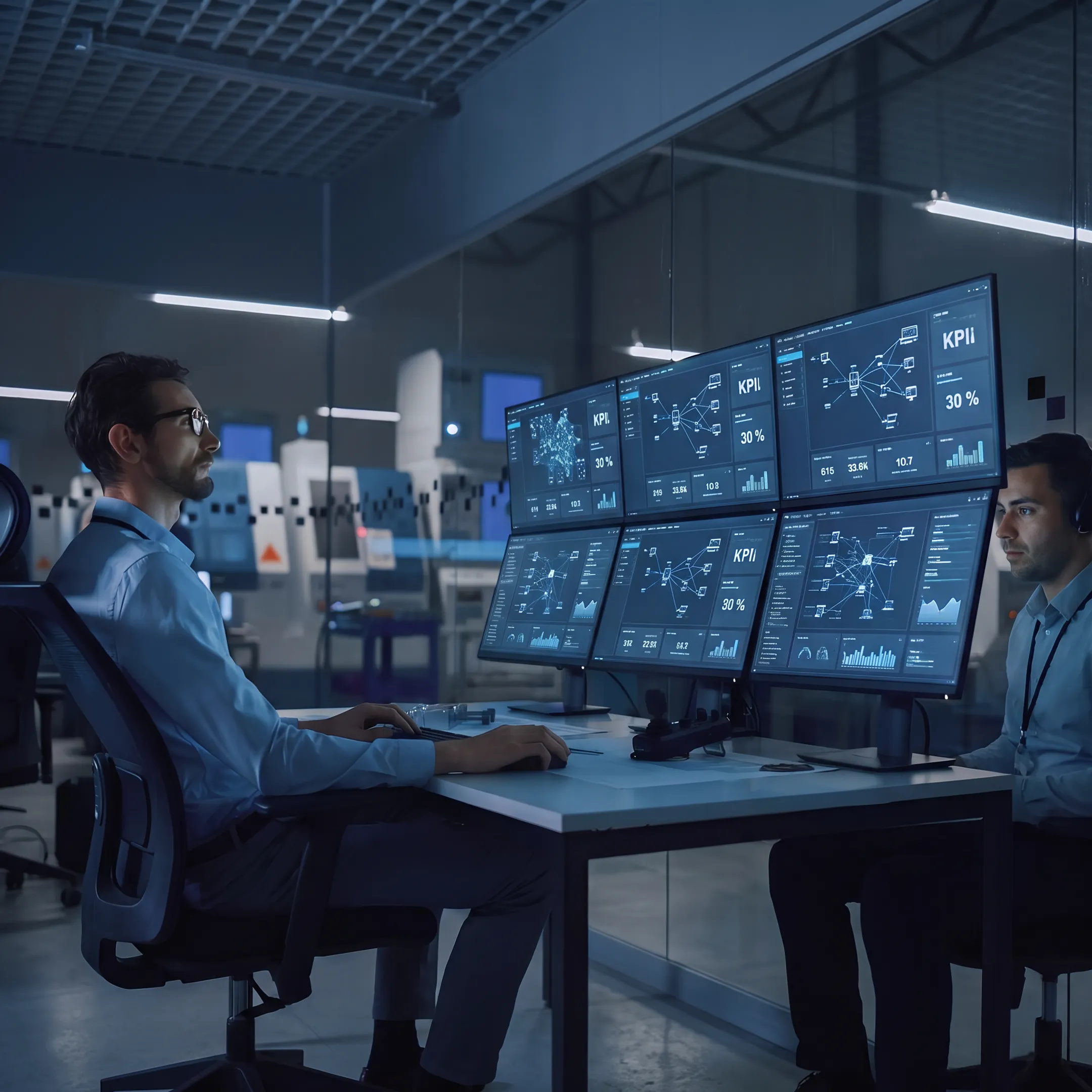 Network engineers managing servers in a modern IT operations center