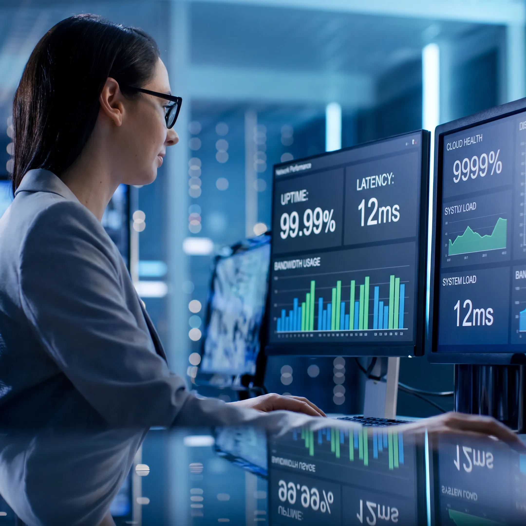 IT technician monitoring business network systems on multiple screens