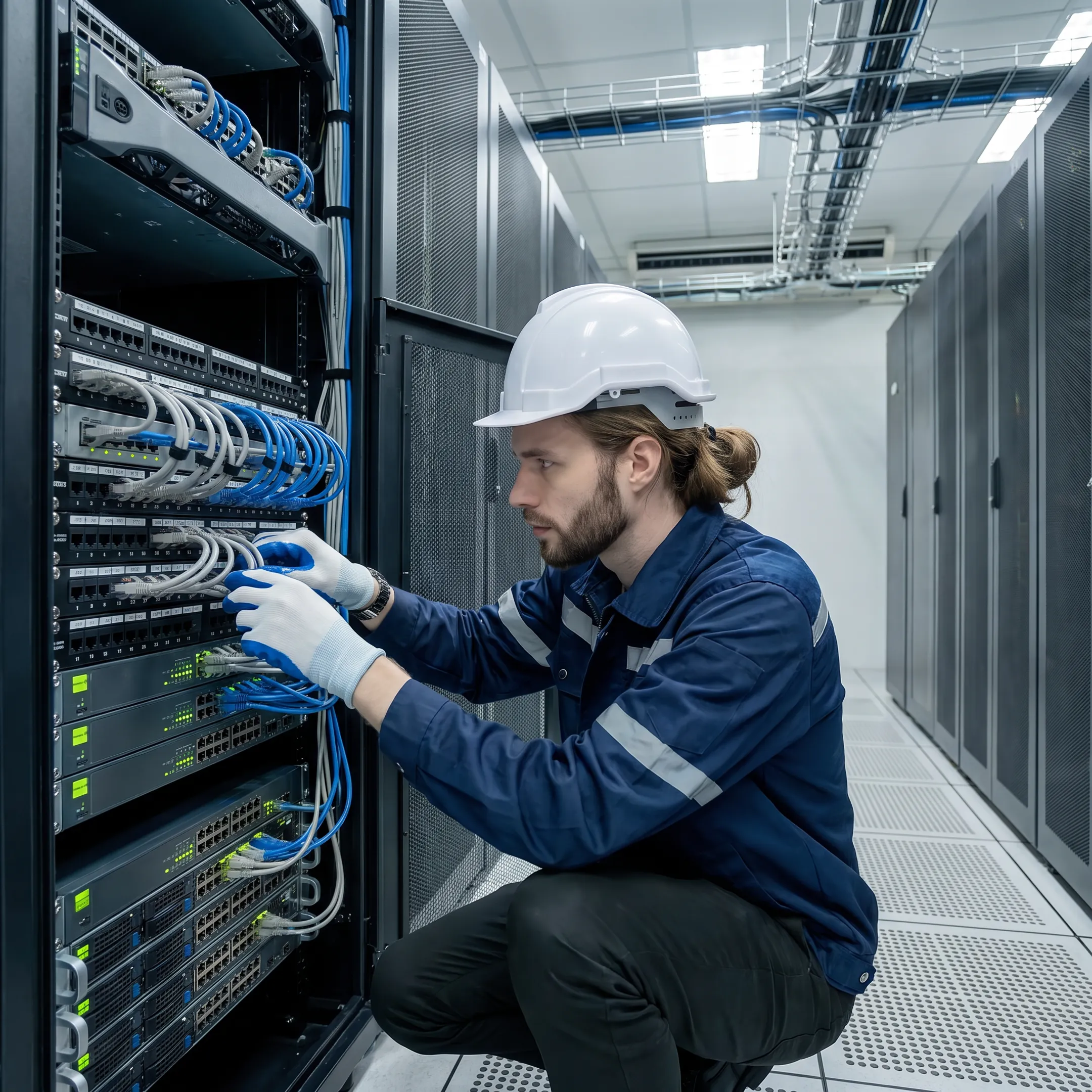 Network engineer configuring secure office server hardware