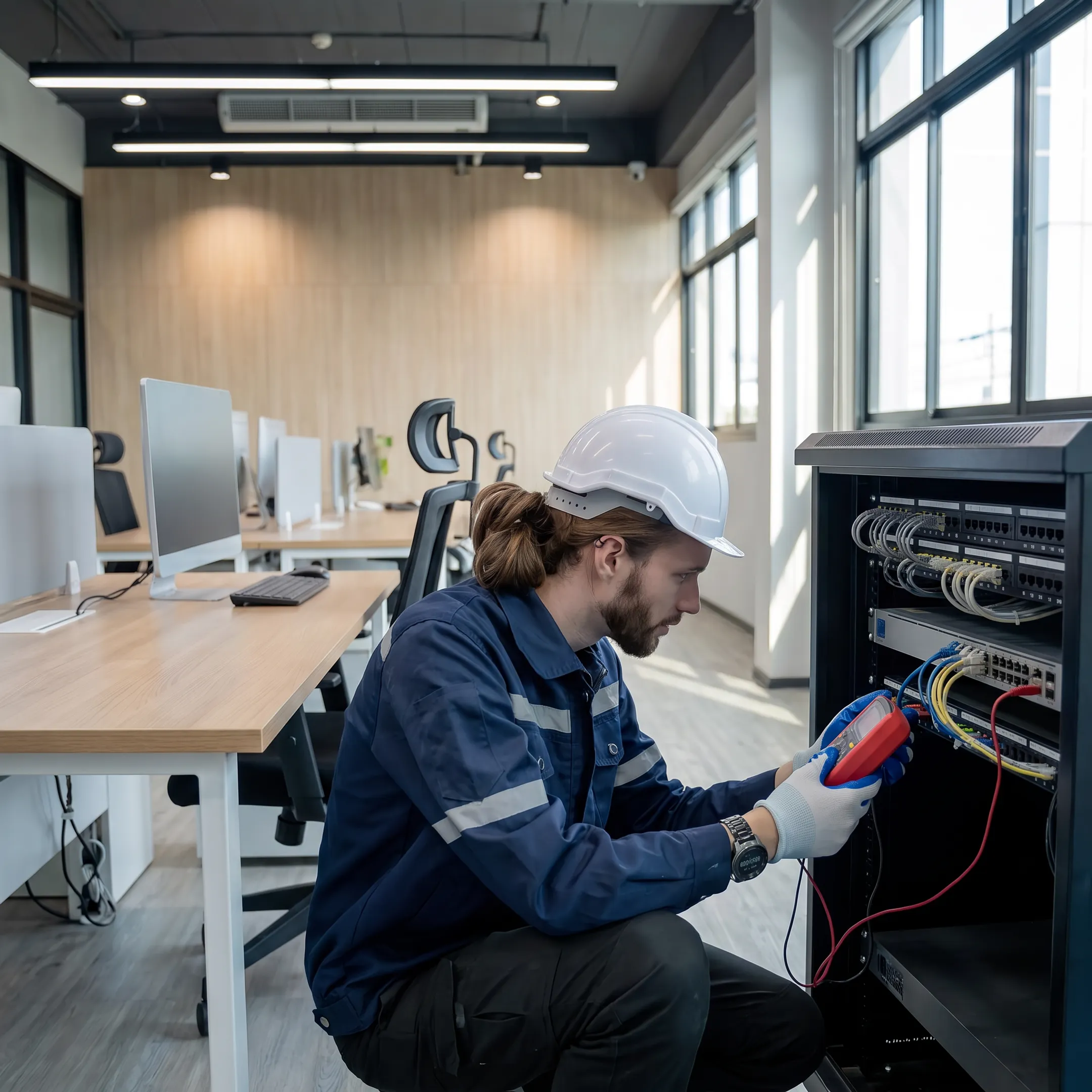 Specialist providing hands-on IT support to a workstation in a corporate office