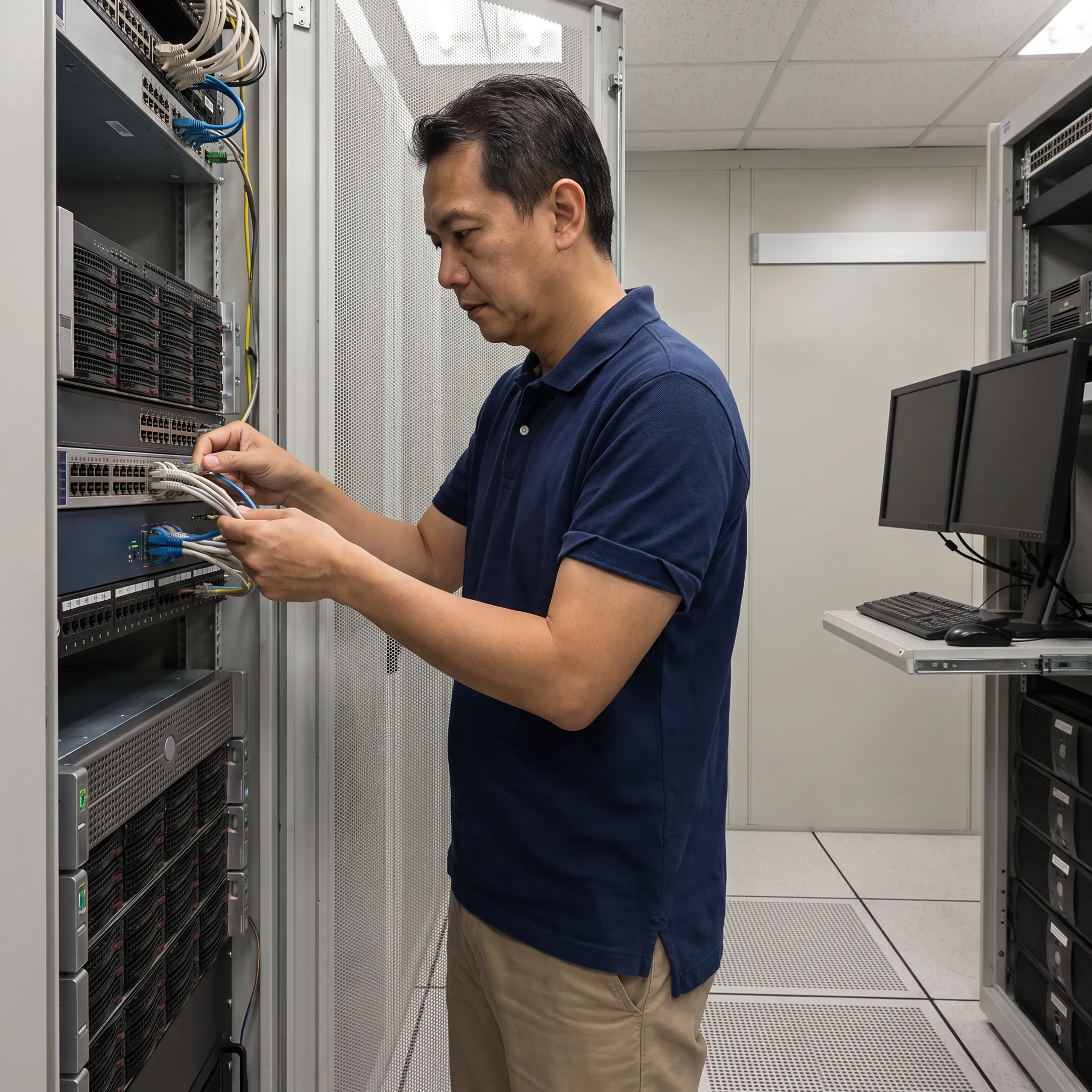 Local IT support specialist monitoring networked computer servers in a modern office data center