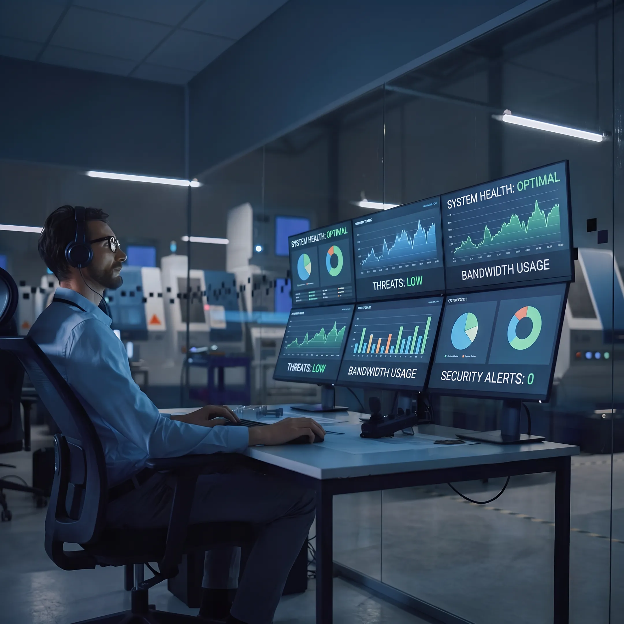 Network technician analyzing IT performance and security metrics on multiple computer displays