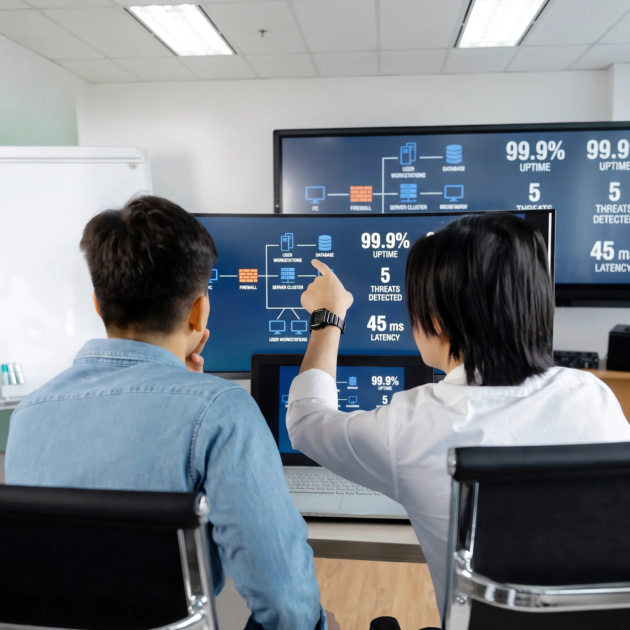 IT consultants analyzing enterprise cloud architecture on screens
