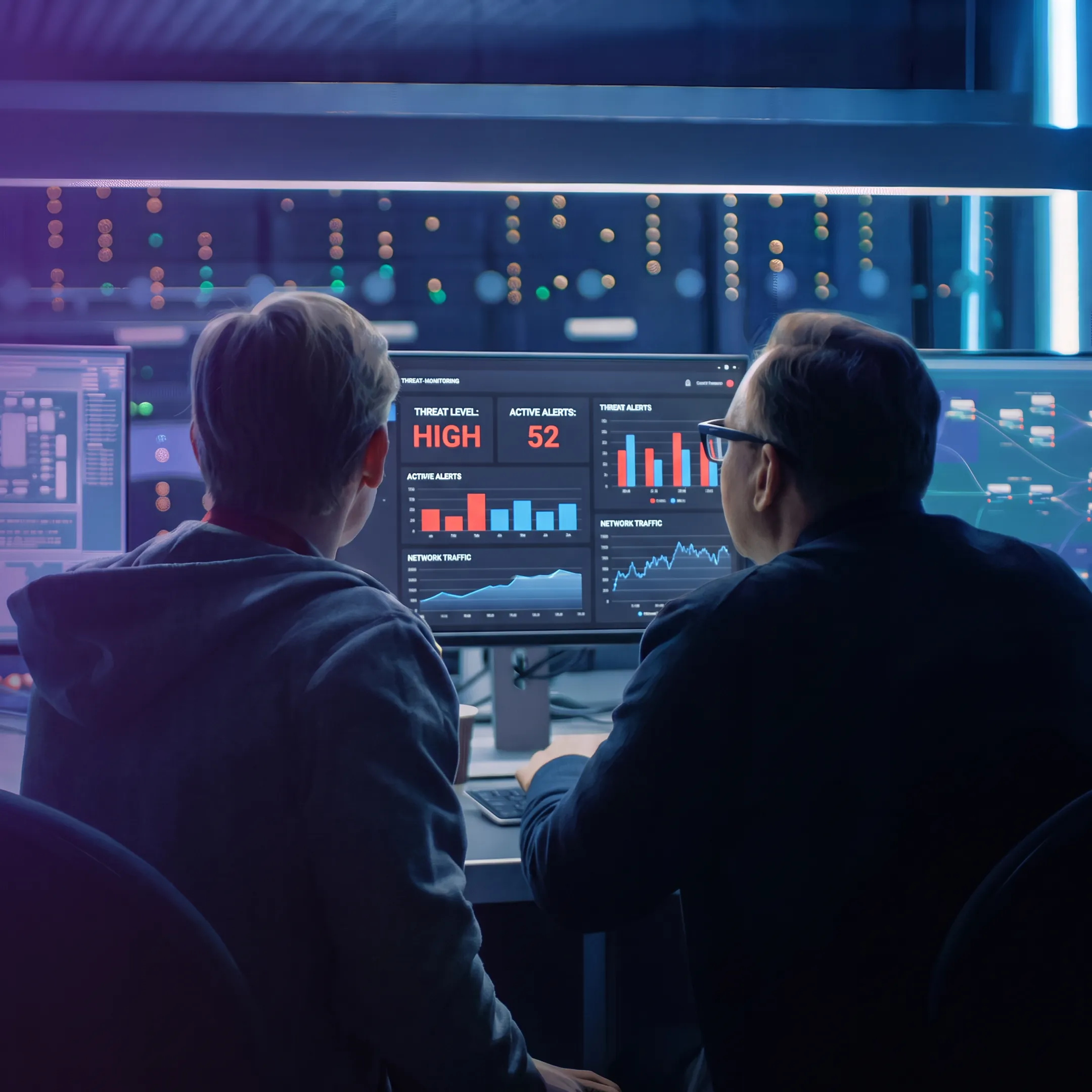 Cybersecurity analysts monitoring threat intelligence dashboards on computer screens