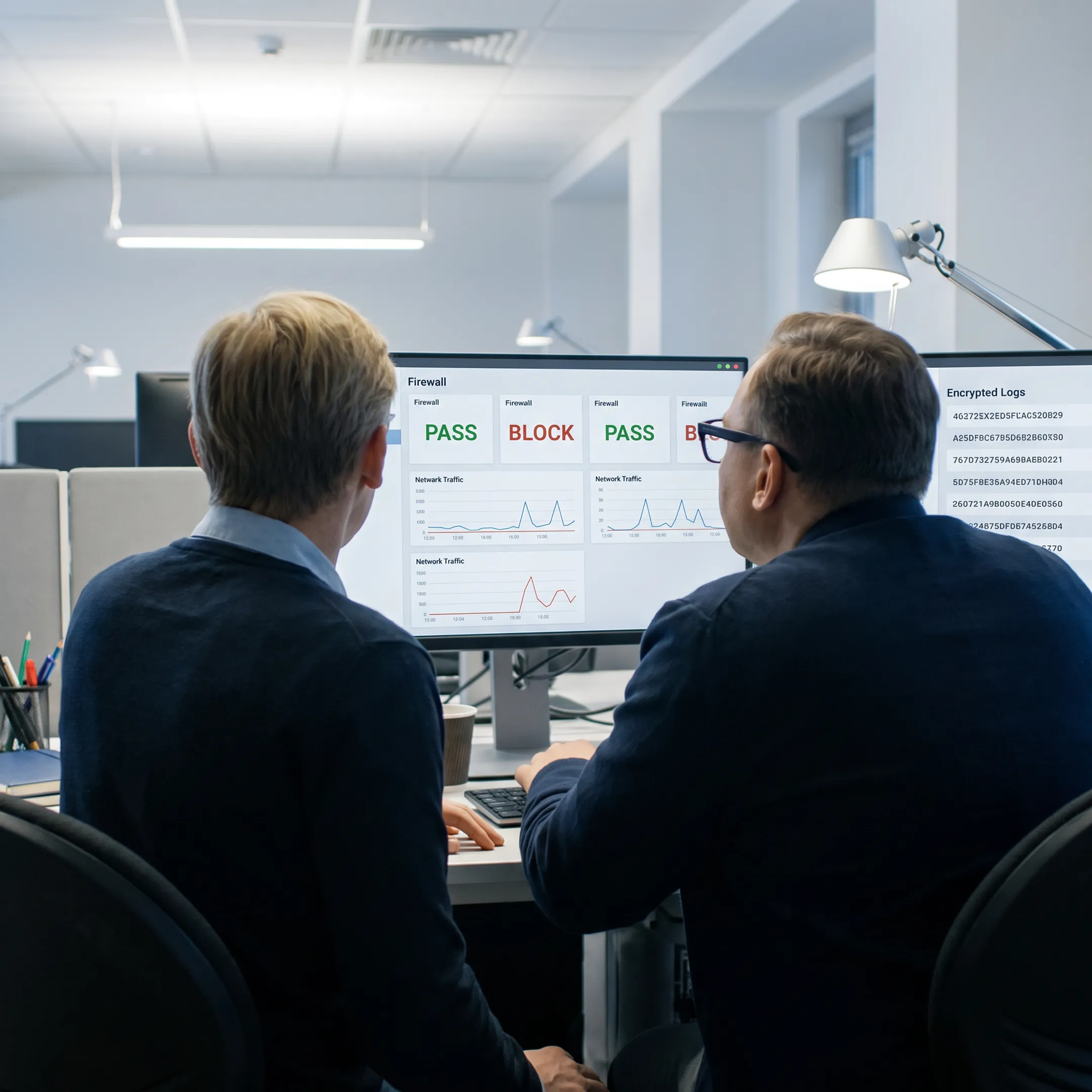 Cybersecurity engineer analyzing encrypted network traffic on dual monitors