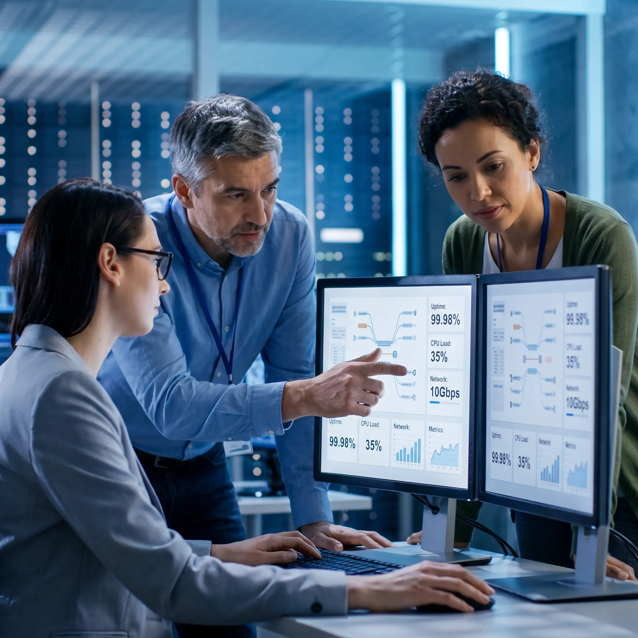 IT engineers reviewing cloud infrastructure workflow and system health metrics