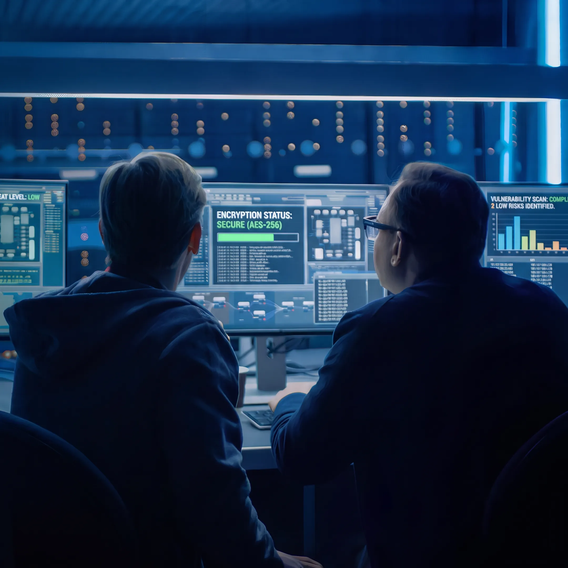 IT security engineers analyzing cybersecurity analytics and server defense protocols