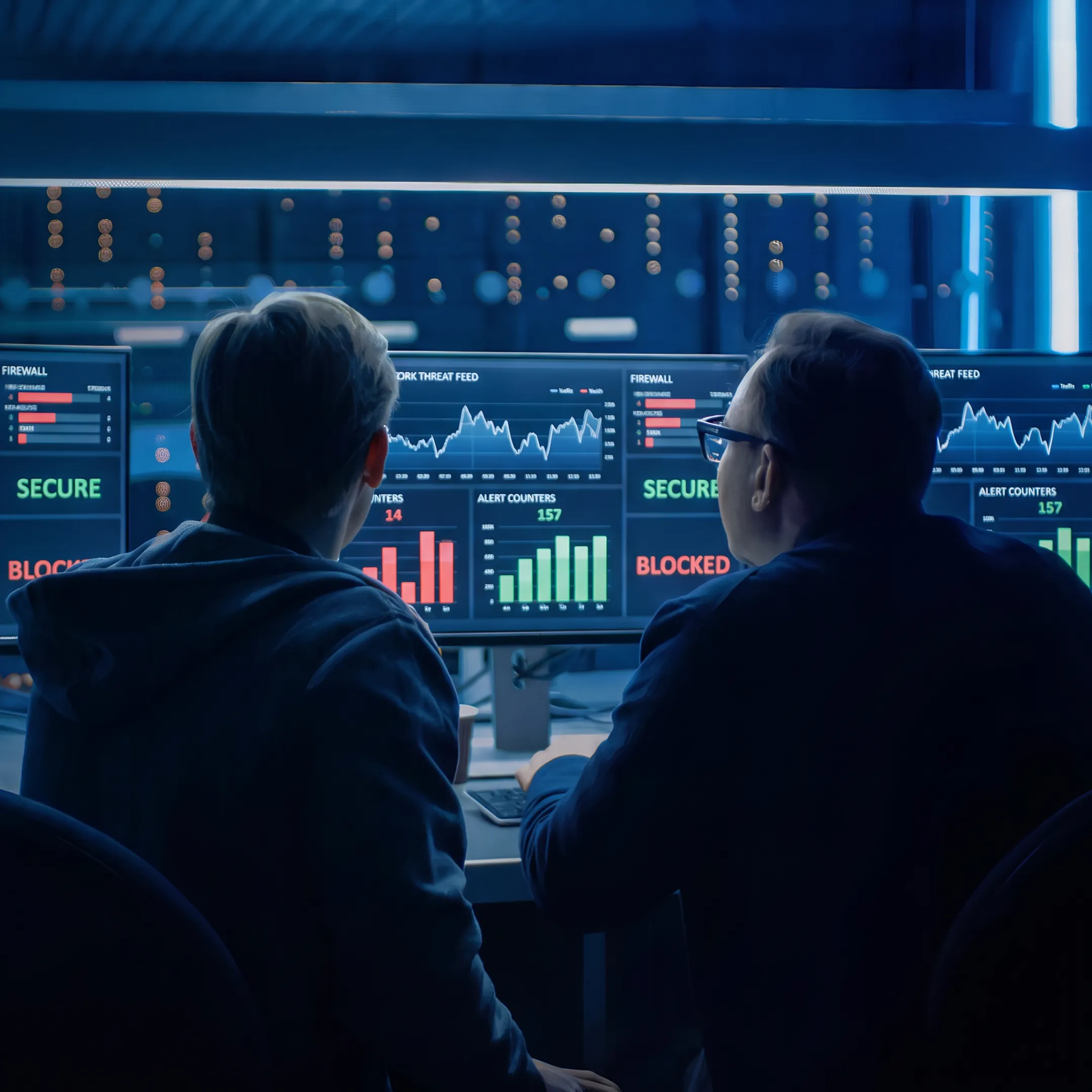 Cybersecurity operations center monitoring real-time enterprise network defenses