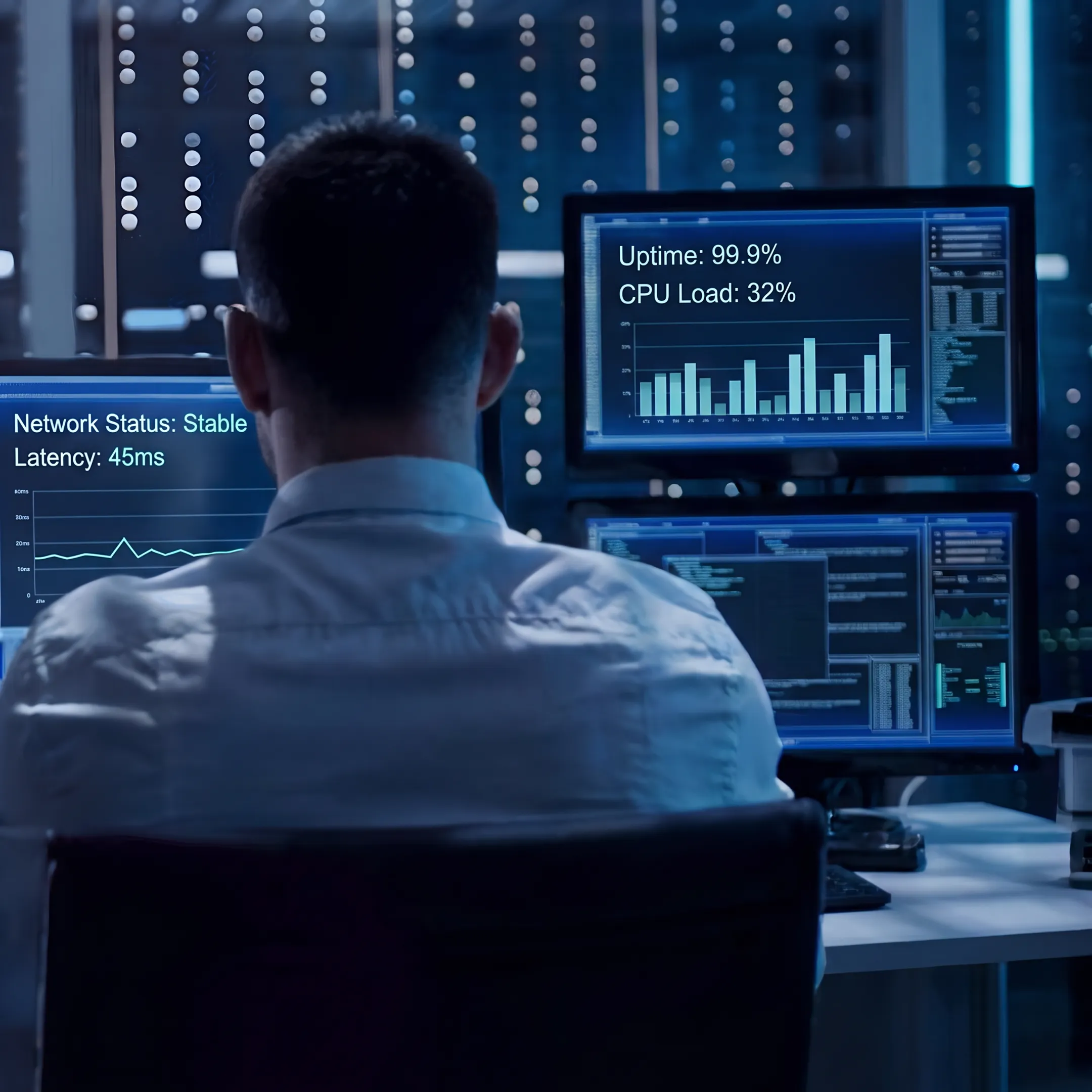 IT specialist monitoring server infrastructure and network analytics in a modern Oakland office
