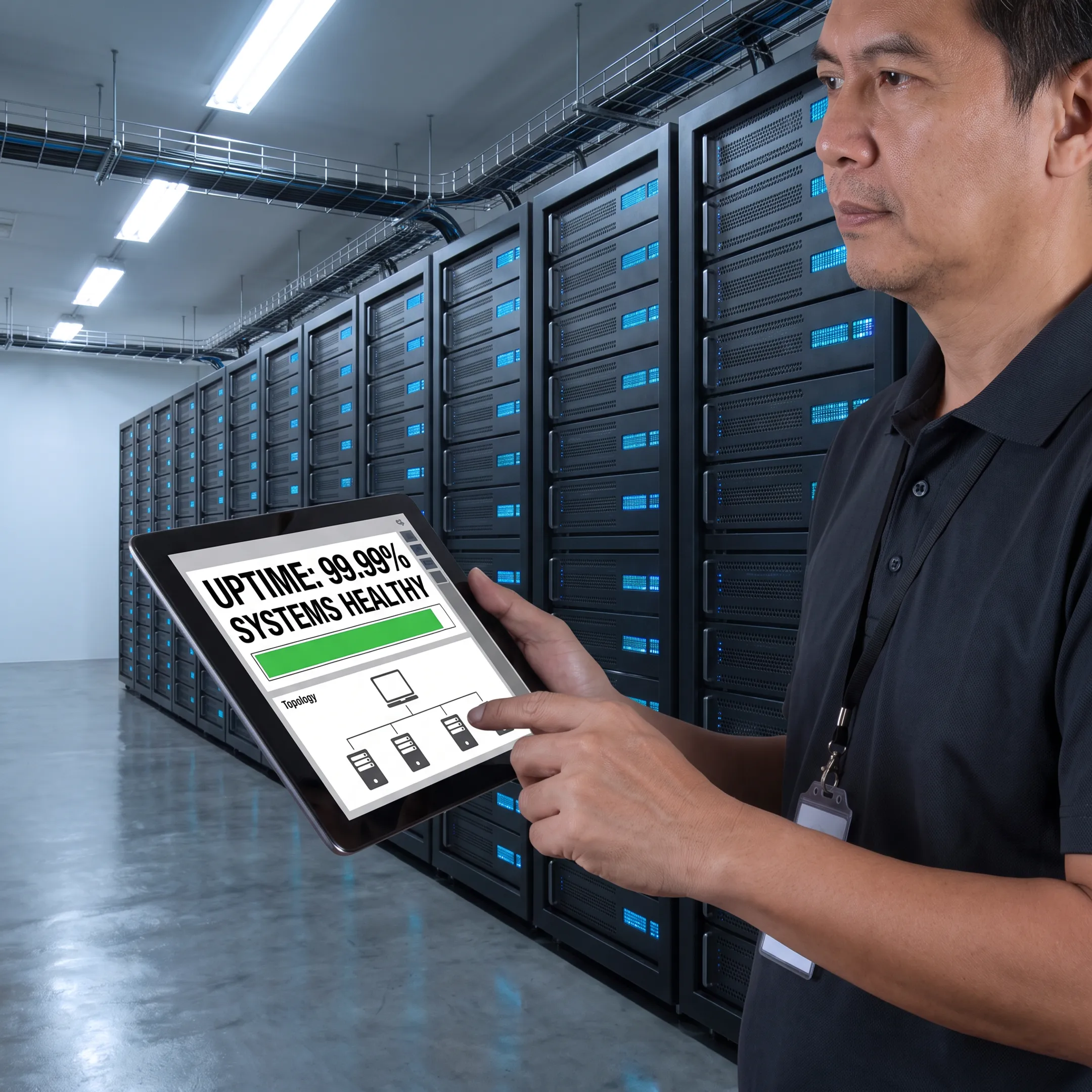 IT engineer monitoring enterprise network servers in a California data facility
