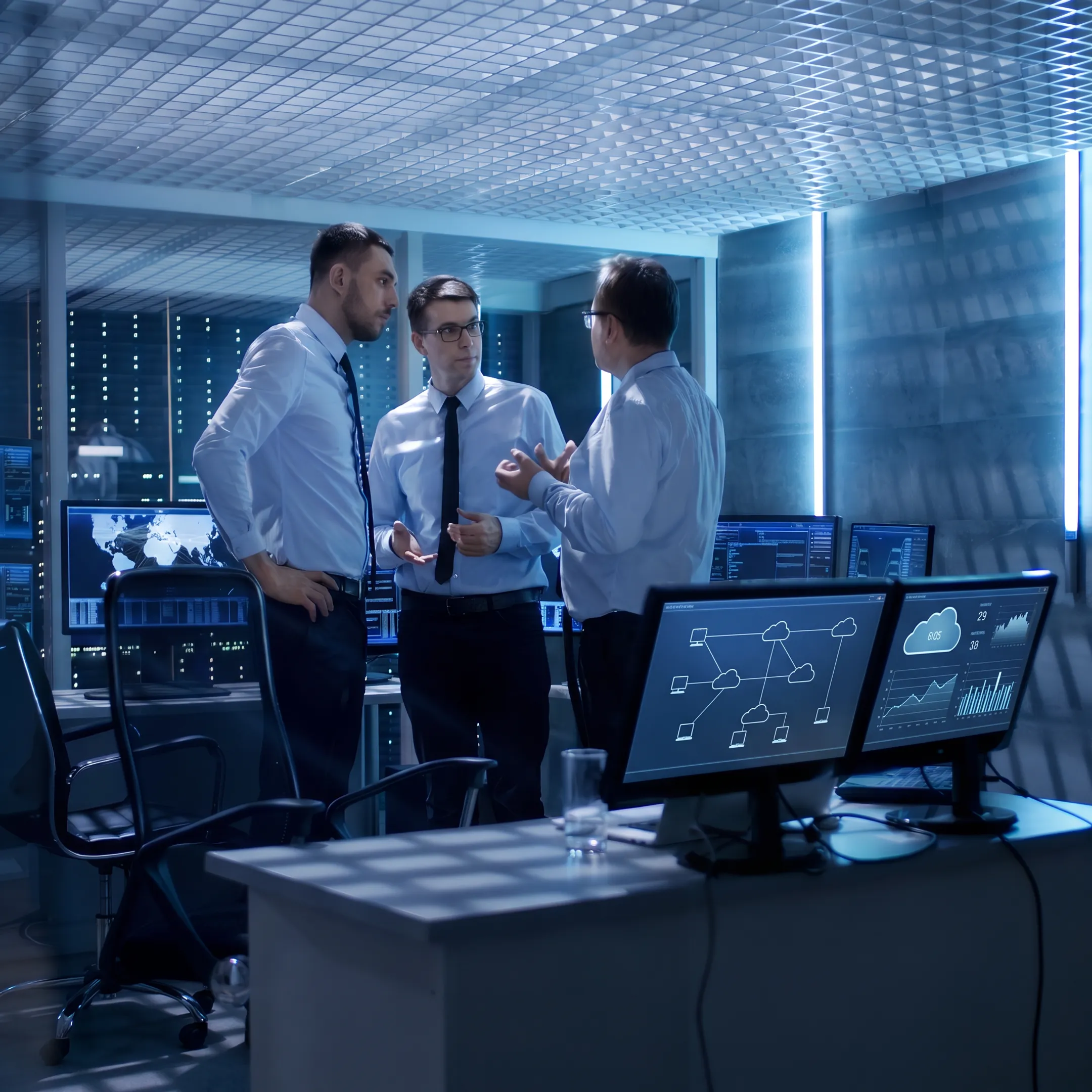 IT consultants analyzing security metrics on monitors in an office setting