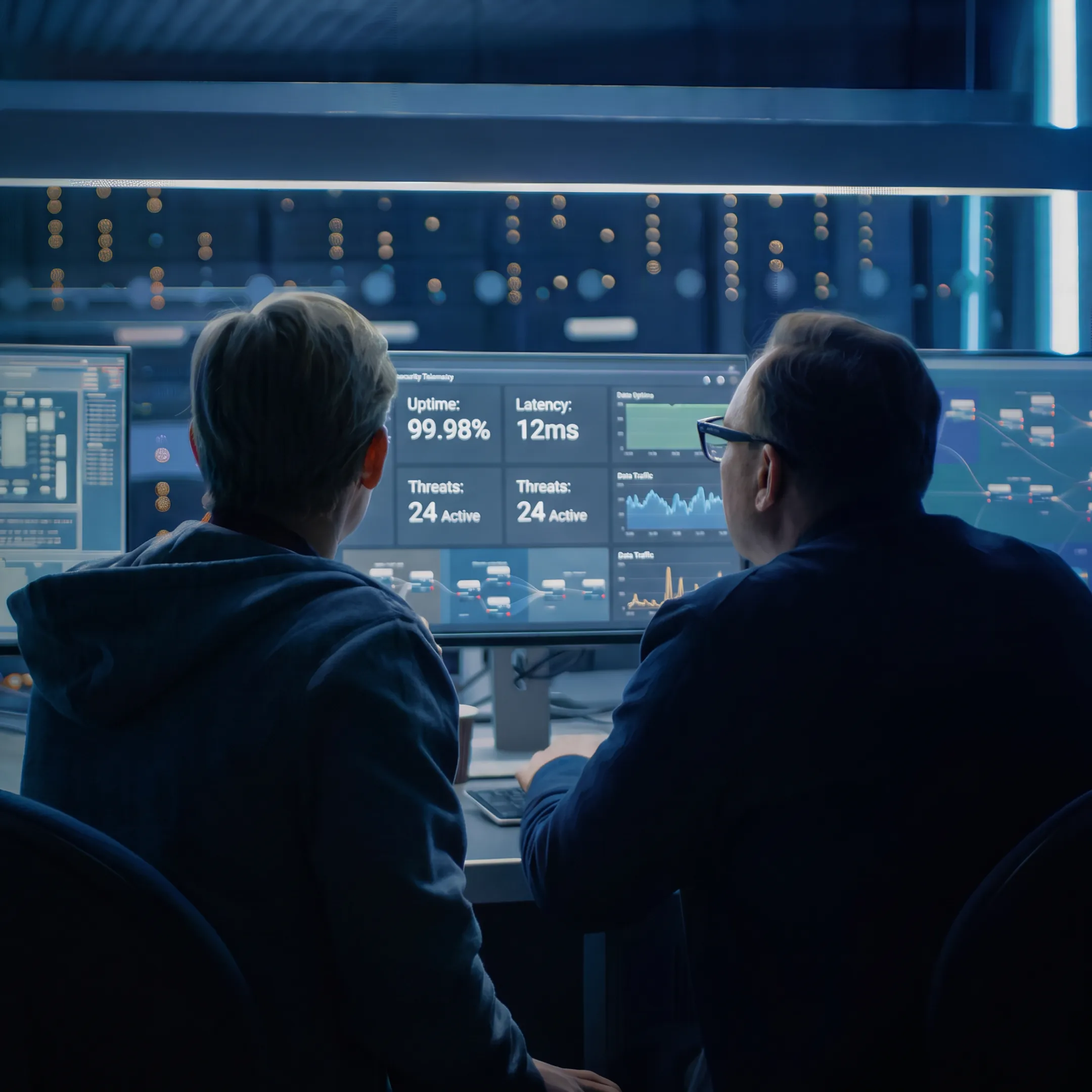 Network administrator managing cybersecurity protocols and IT operations