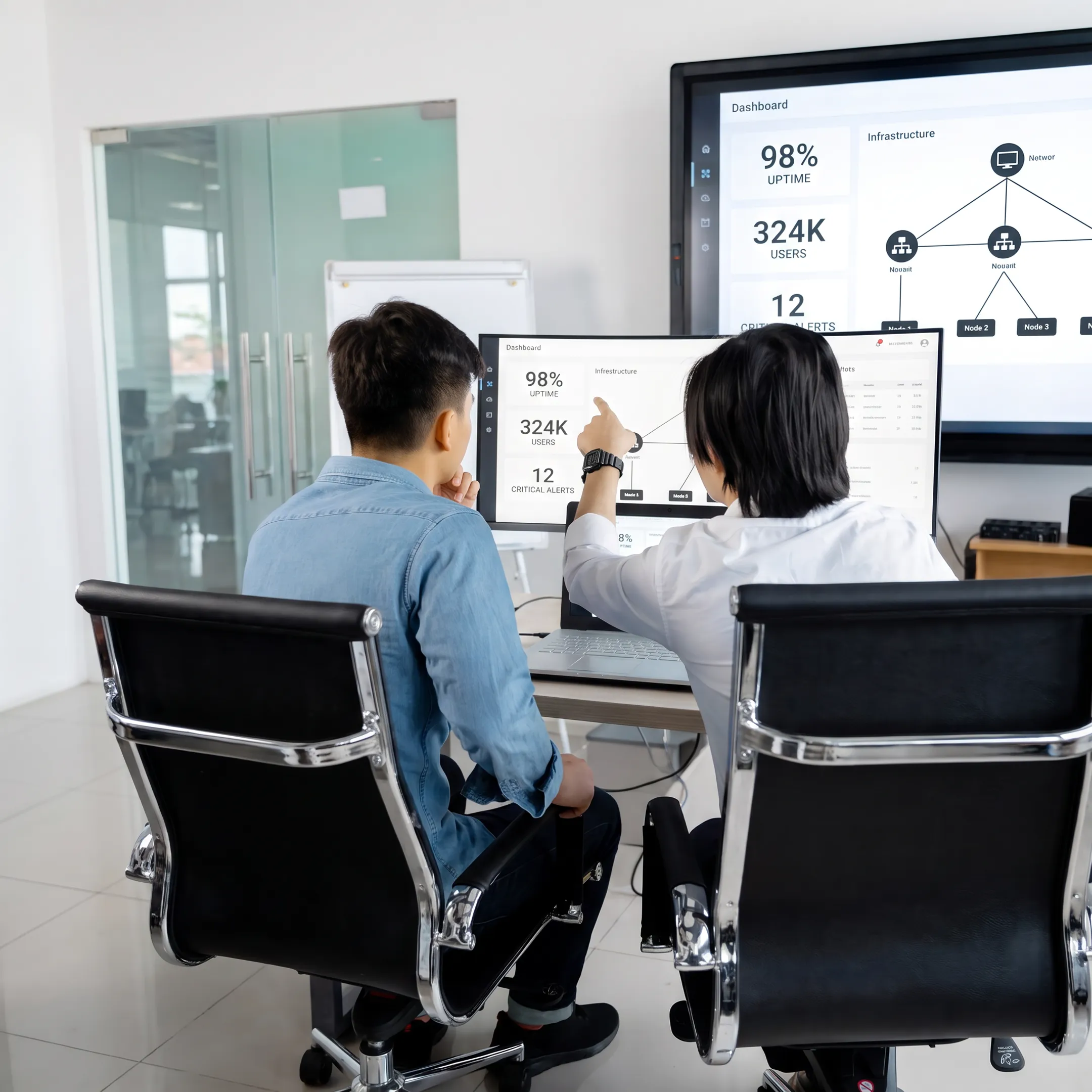 IT consultants analyzing enterprise cloud architecture on digital monitors