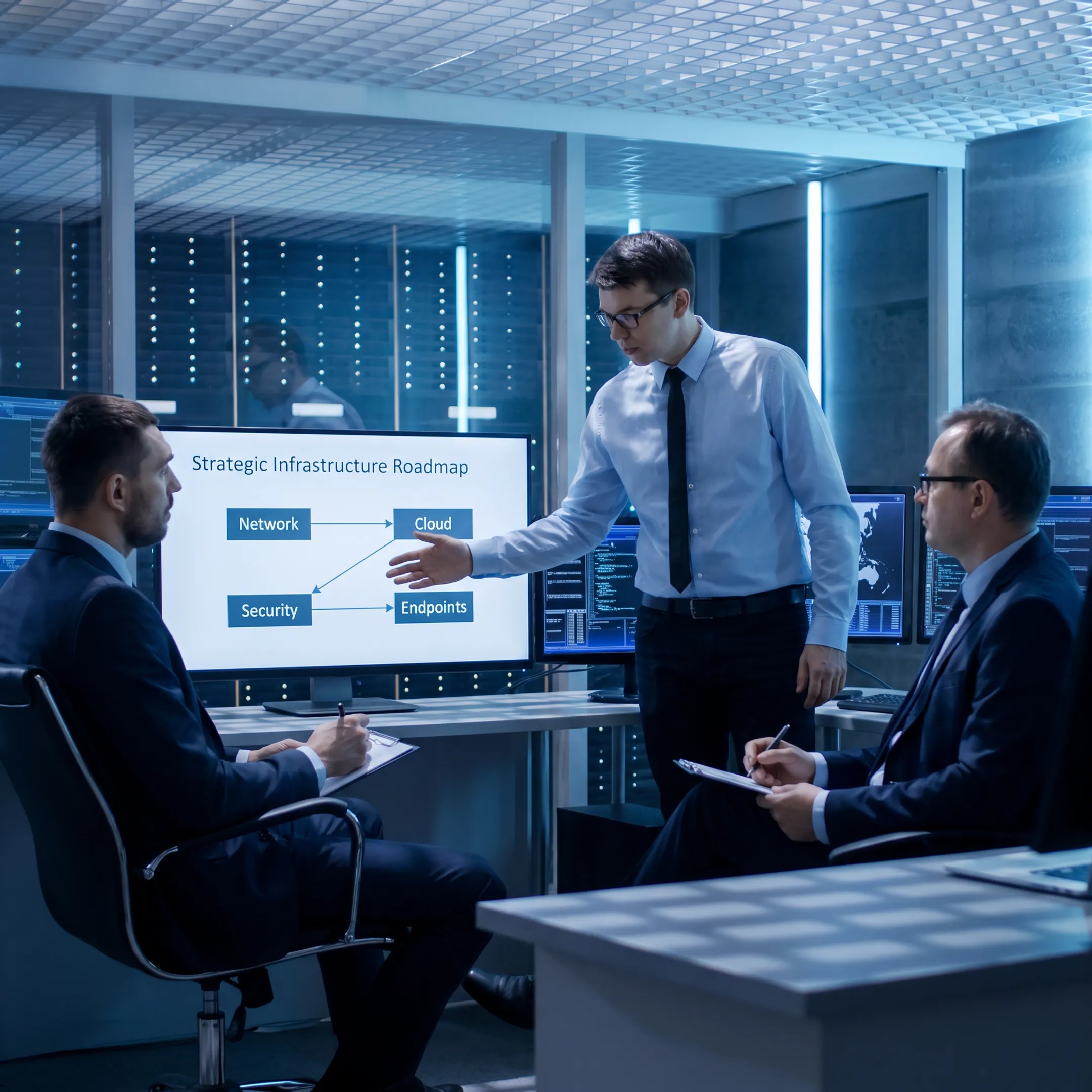 Senior IT consultant meeting with business executives around a conference table
