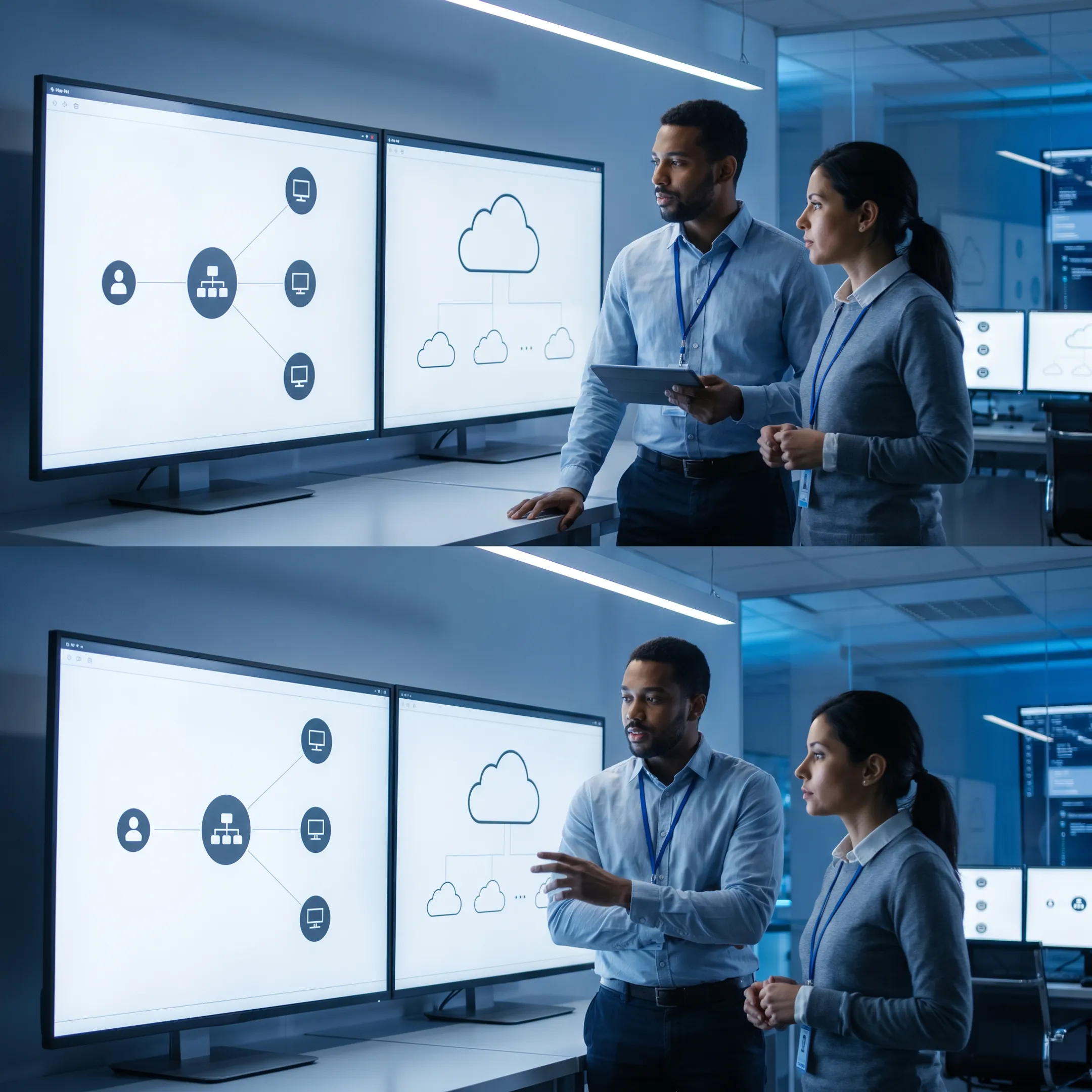 IT consulting engineers reviewing enterprise network infrastructure on monitors