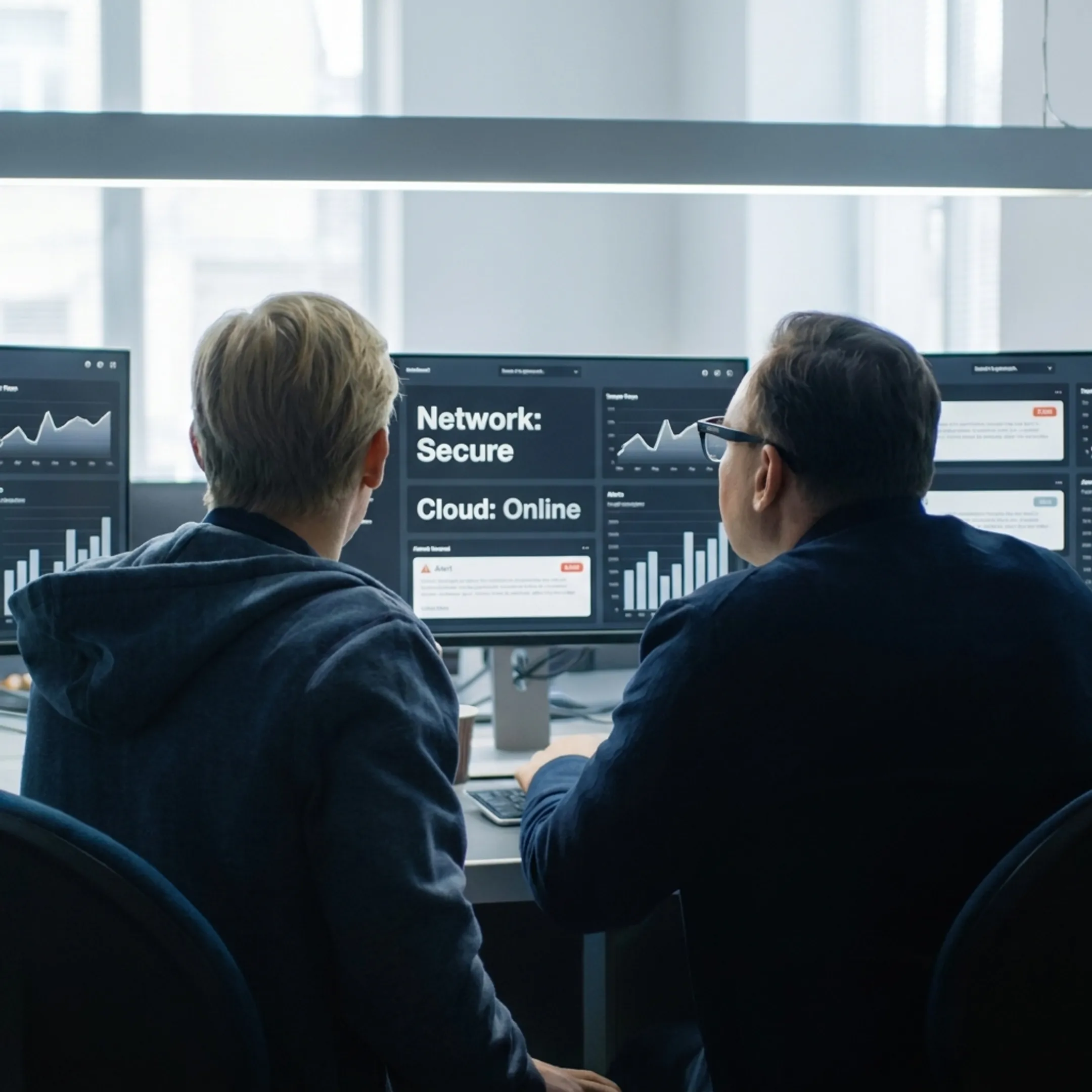IT specialists monitoring secure business networks and cloud systems