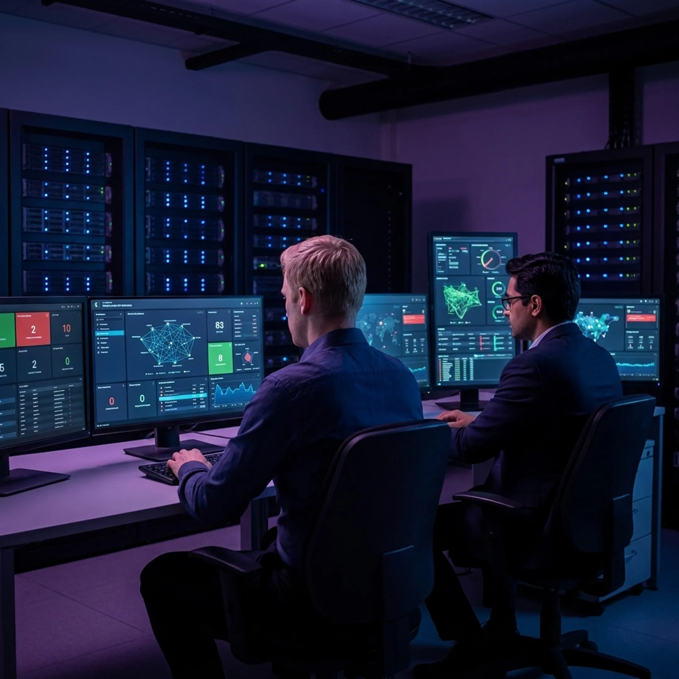 IT specialists monitoring business cybersecurity dashboards in a modern operations center