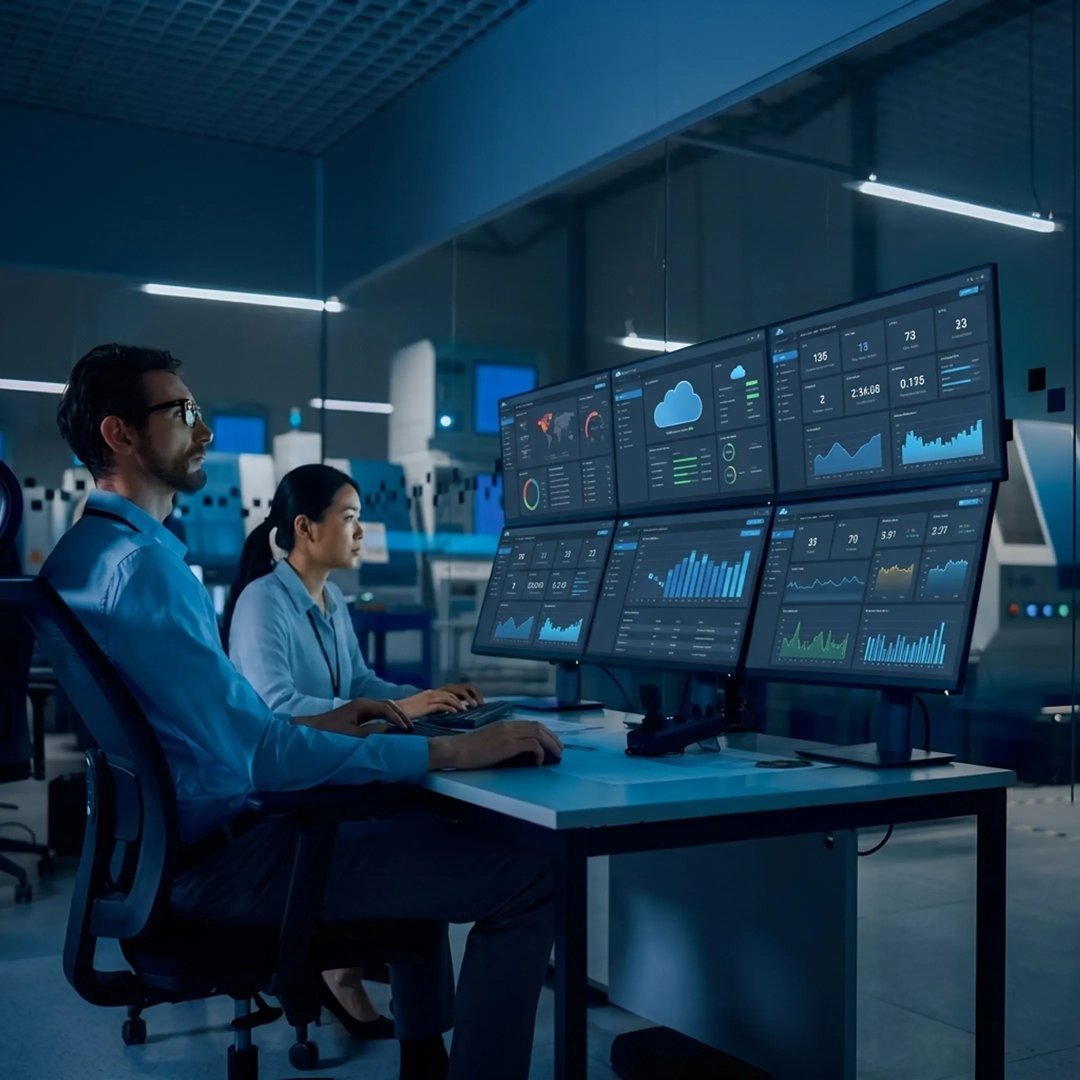 IT specialists monitoring secure business systems on multiple computer screens