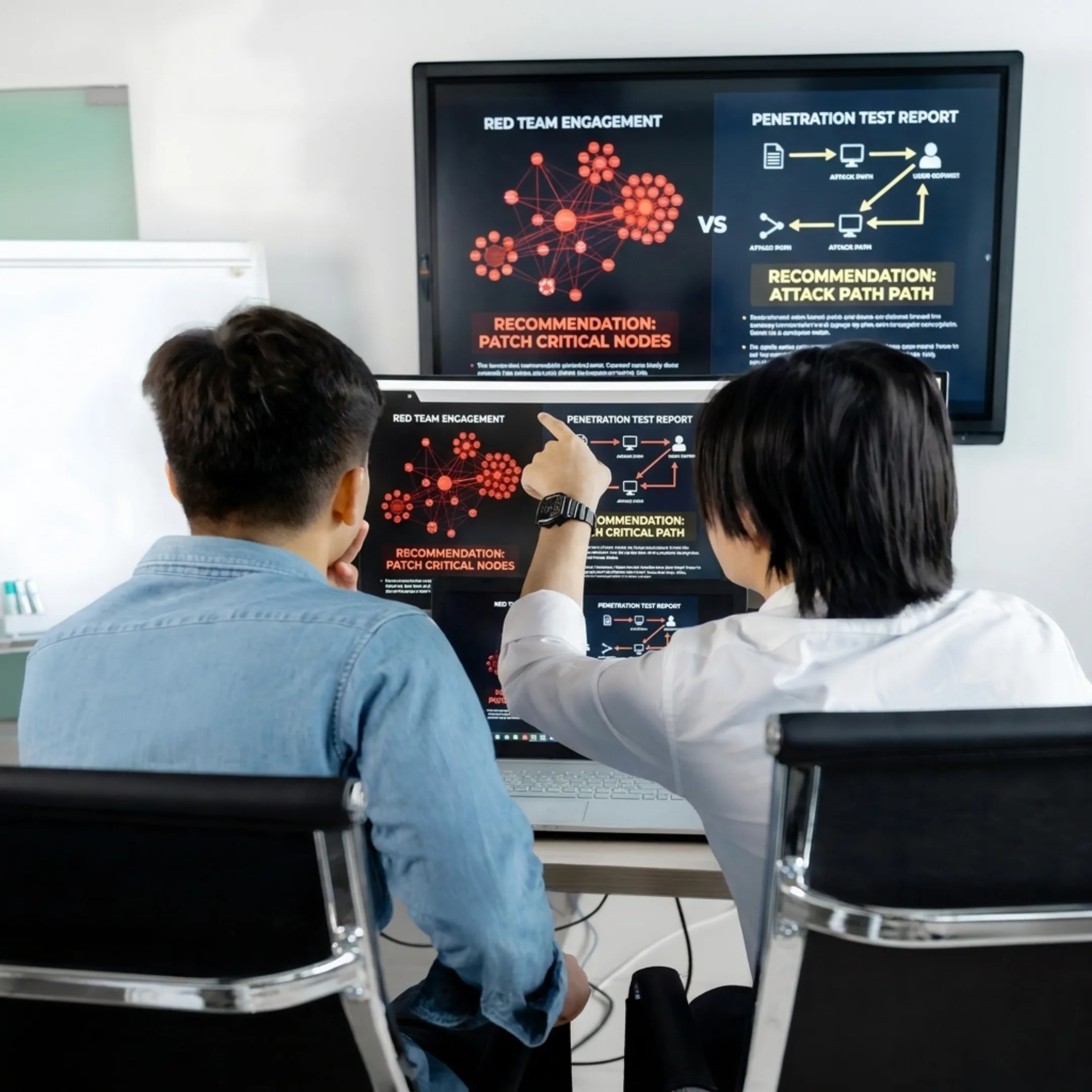 Security analyst comparing red team and penetration testing findings