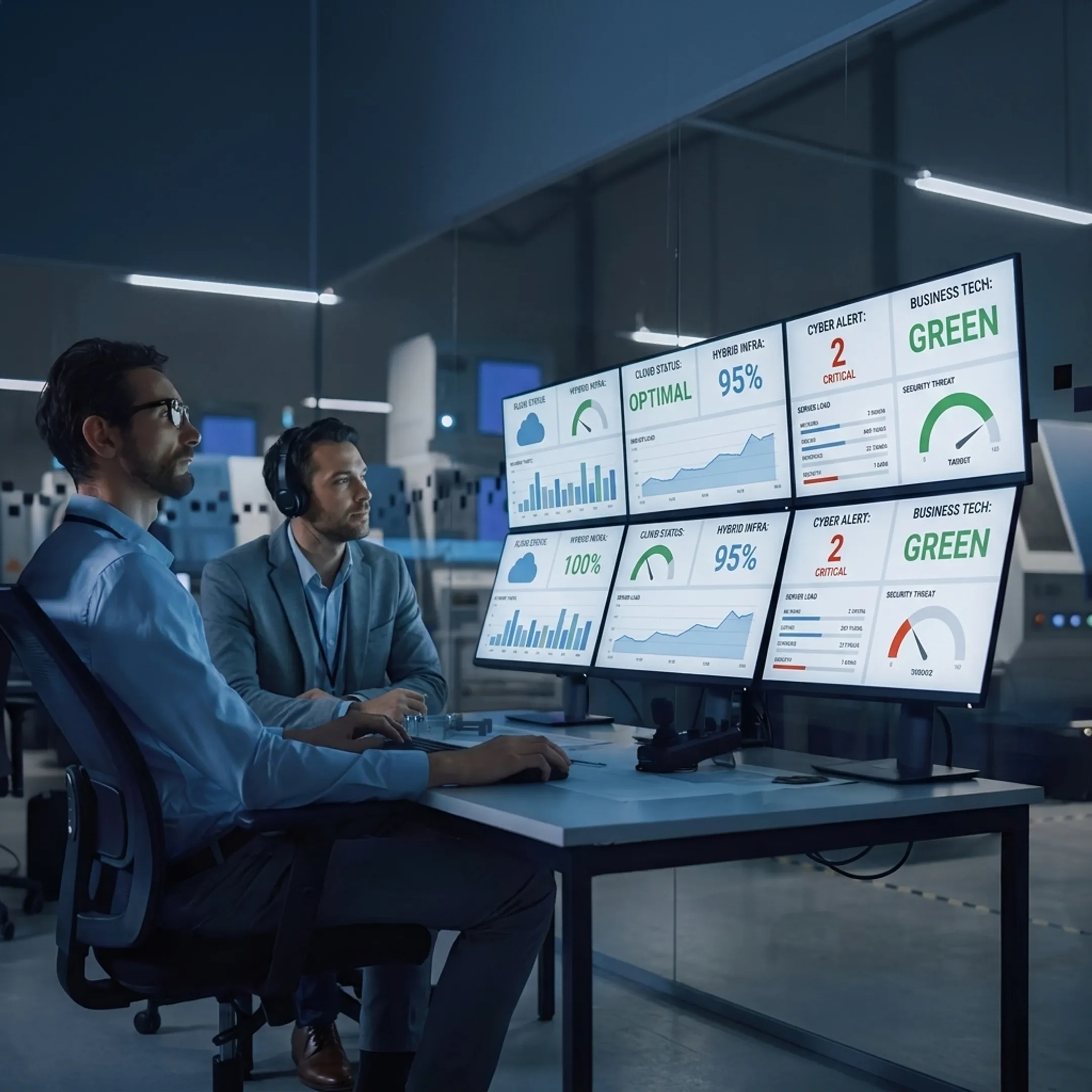 IT professionals managing secure cloud infrastructure on business monitors