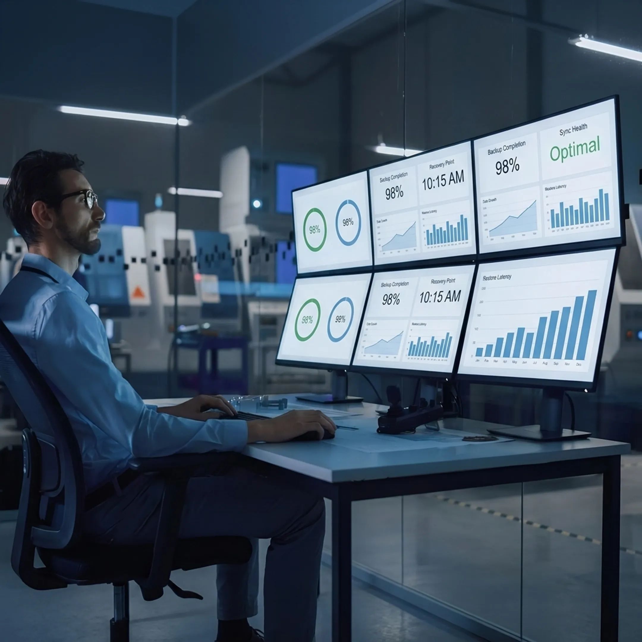 IT specialist reviewing managed backup systems on business monitors