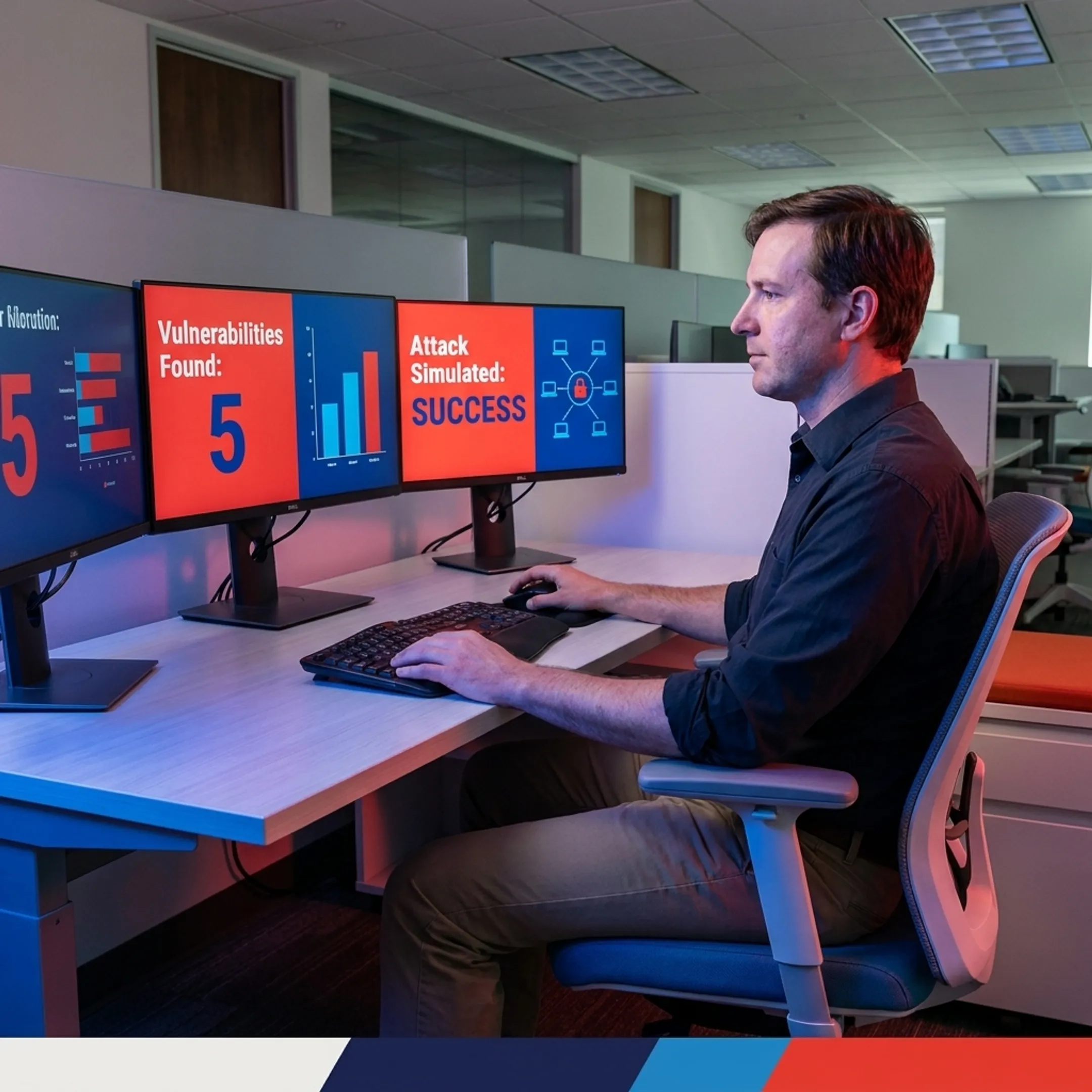 Cybersecurity professional reviewing penetration testing results on multiple monitors