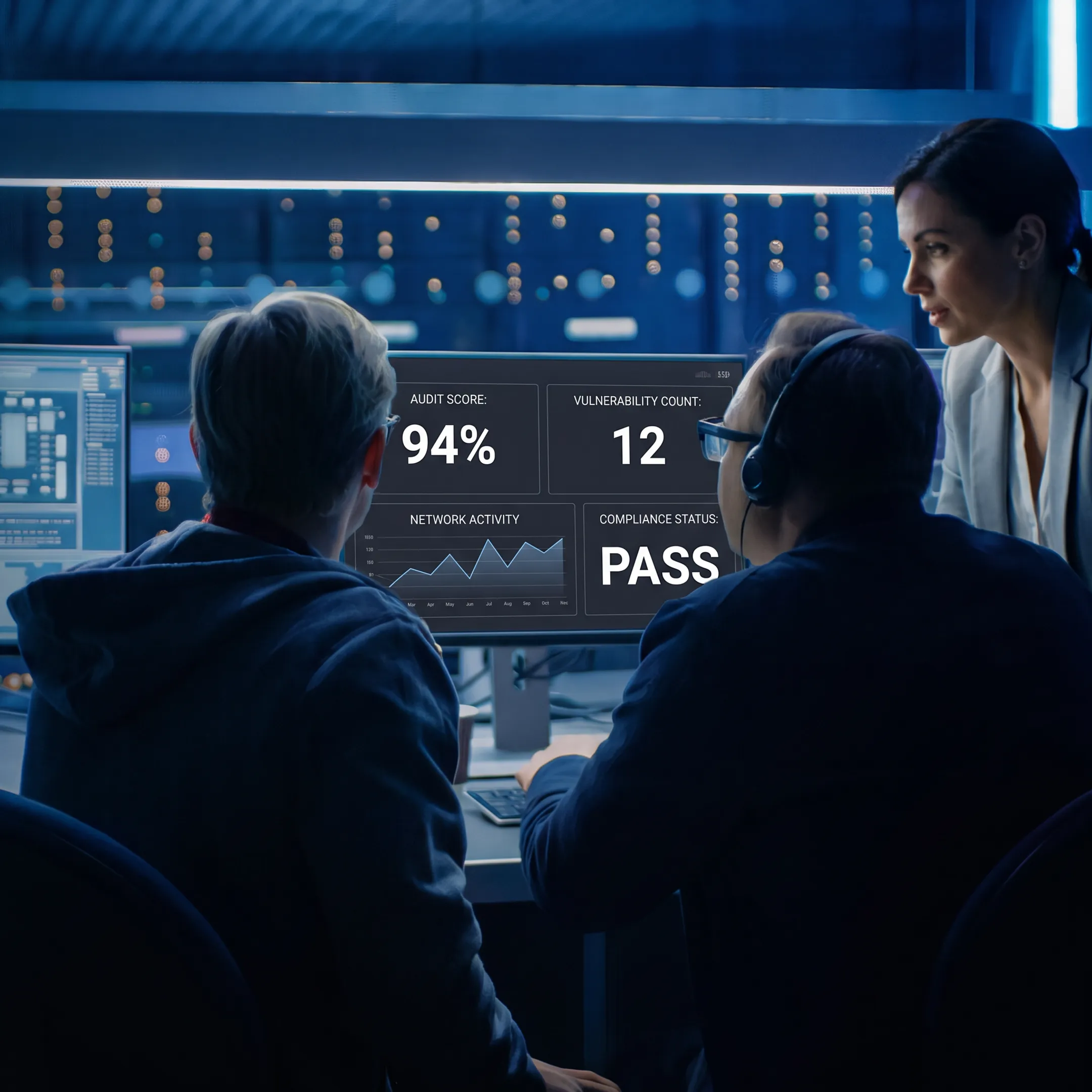 Cybersecurity professionals reviewing audit findings on multiple monitors