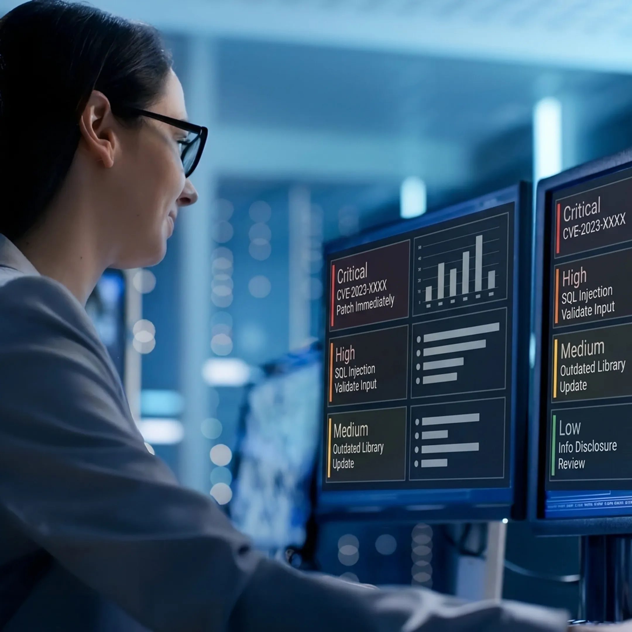 Security analyst examining penetration testing findings and vulnerability priorities