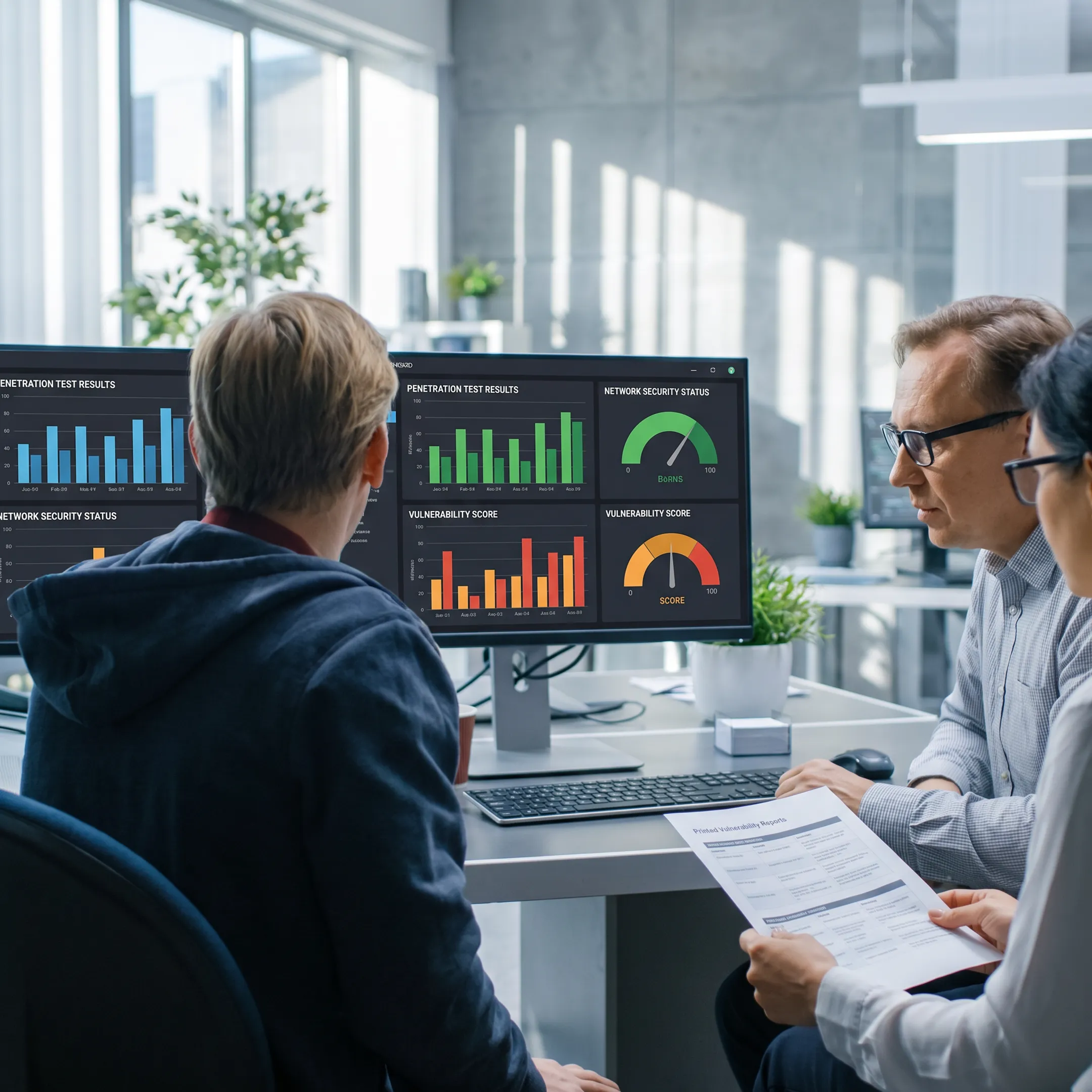 Cybersecurity specialist reviewing penetration testing results on multiple monitors