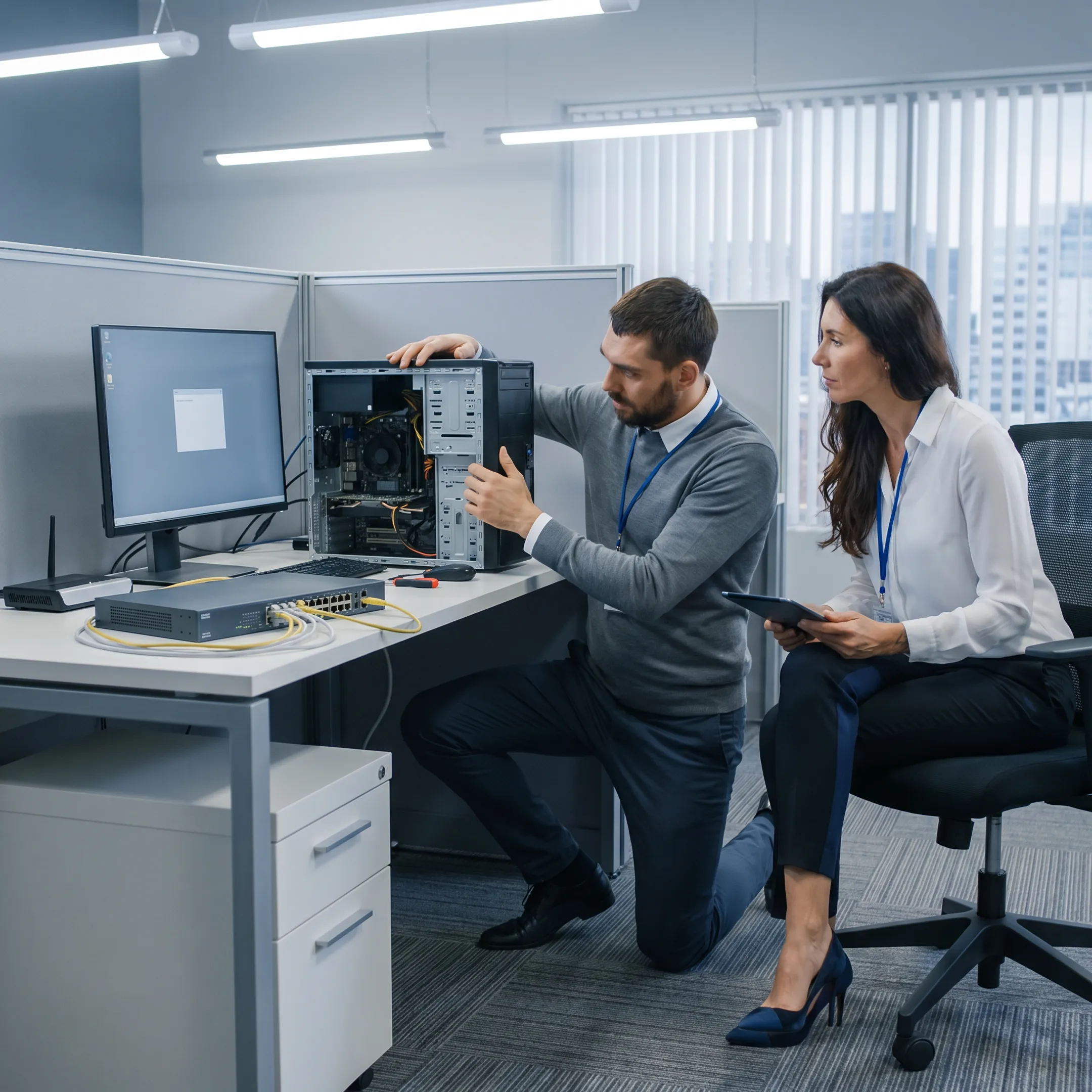 IT technician providing hands-on computer support in a business office