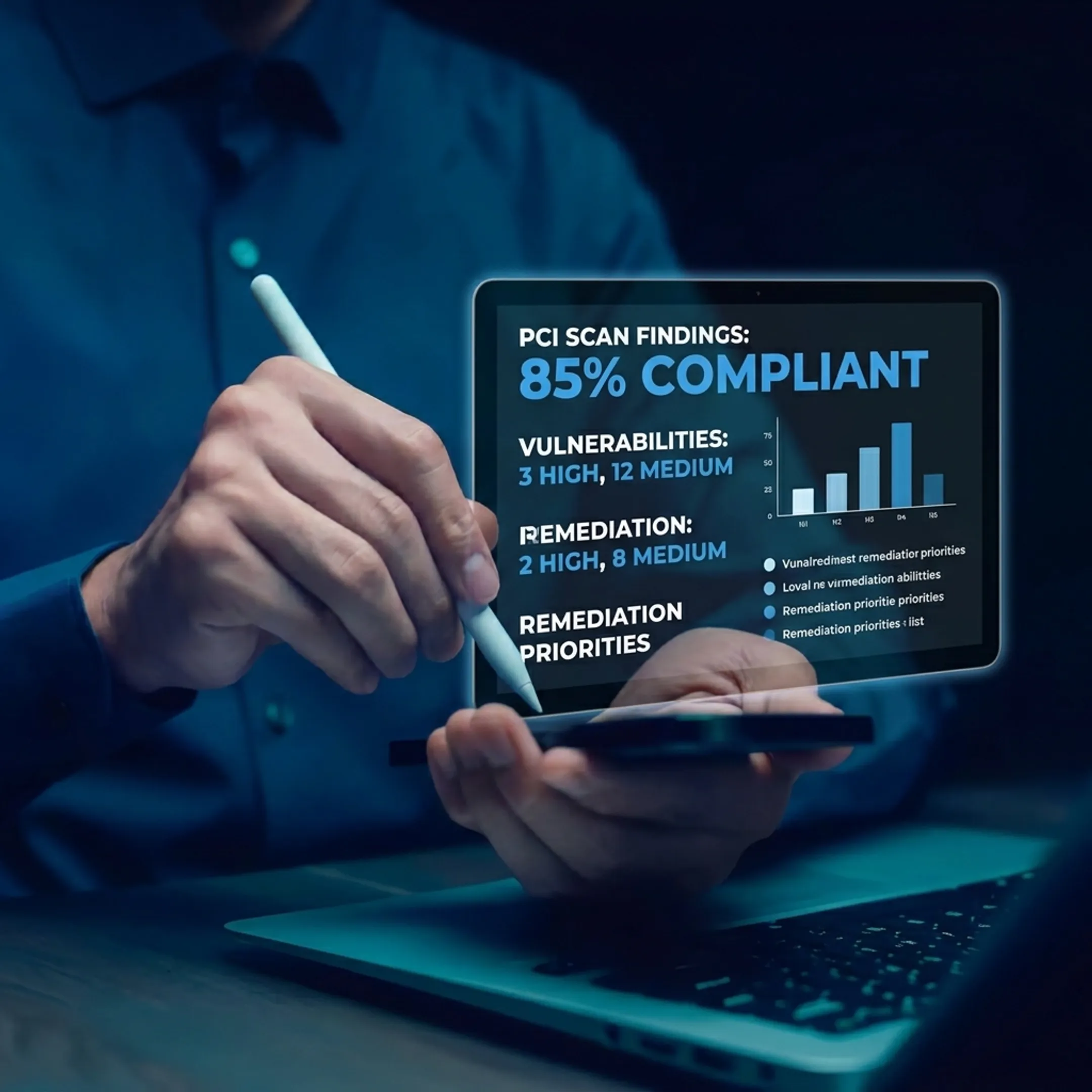 Security professional analyzing PCI scan findings and payment system protections