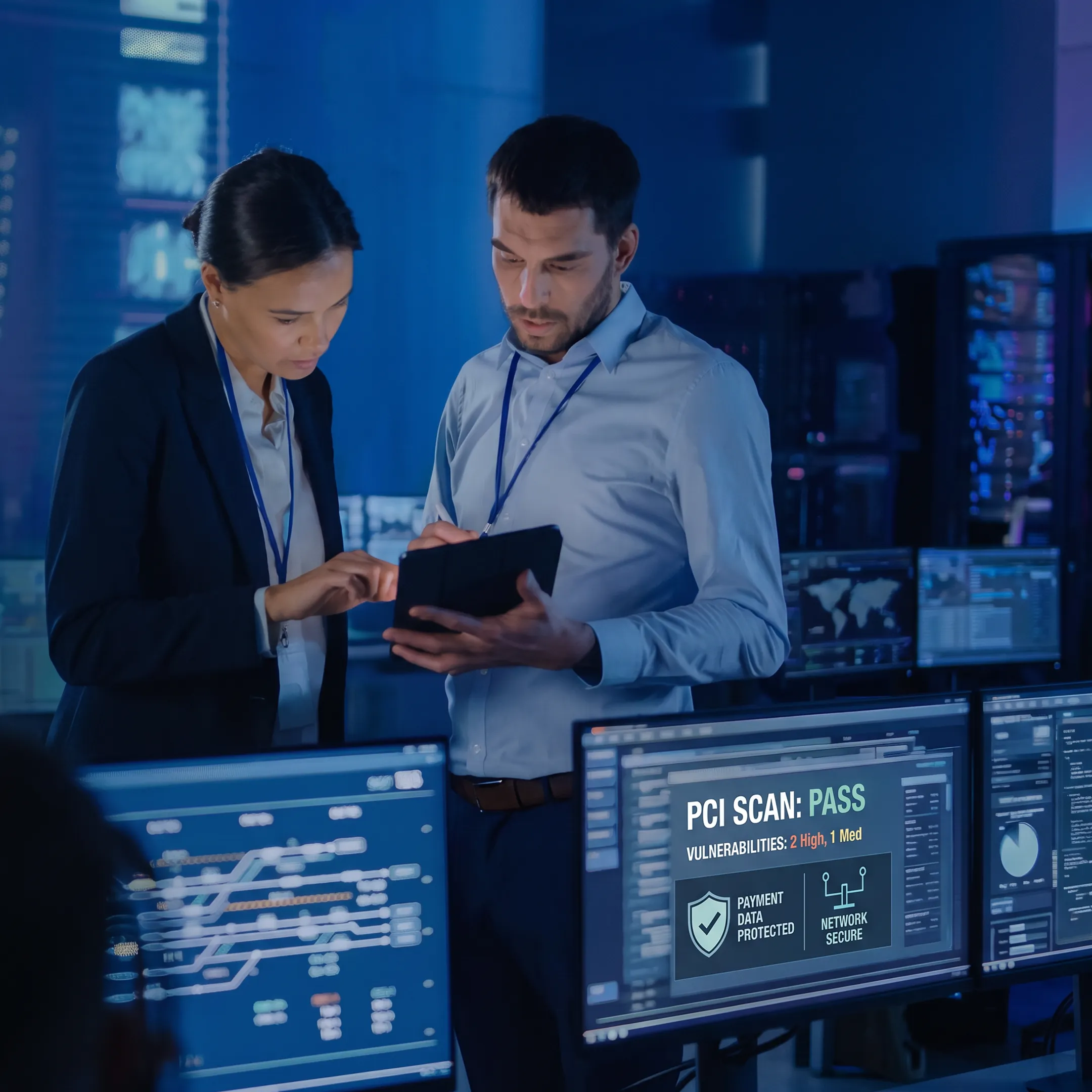 Cybersecurity specialist reviewing PCI compliance scan results on a monitor