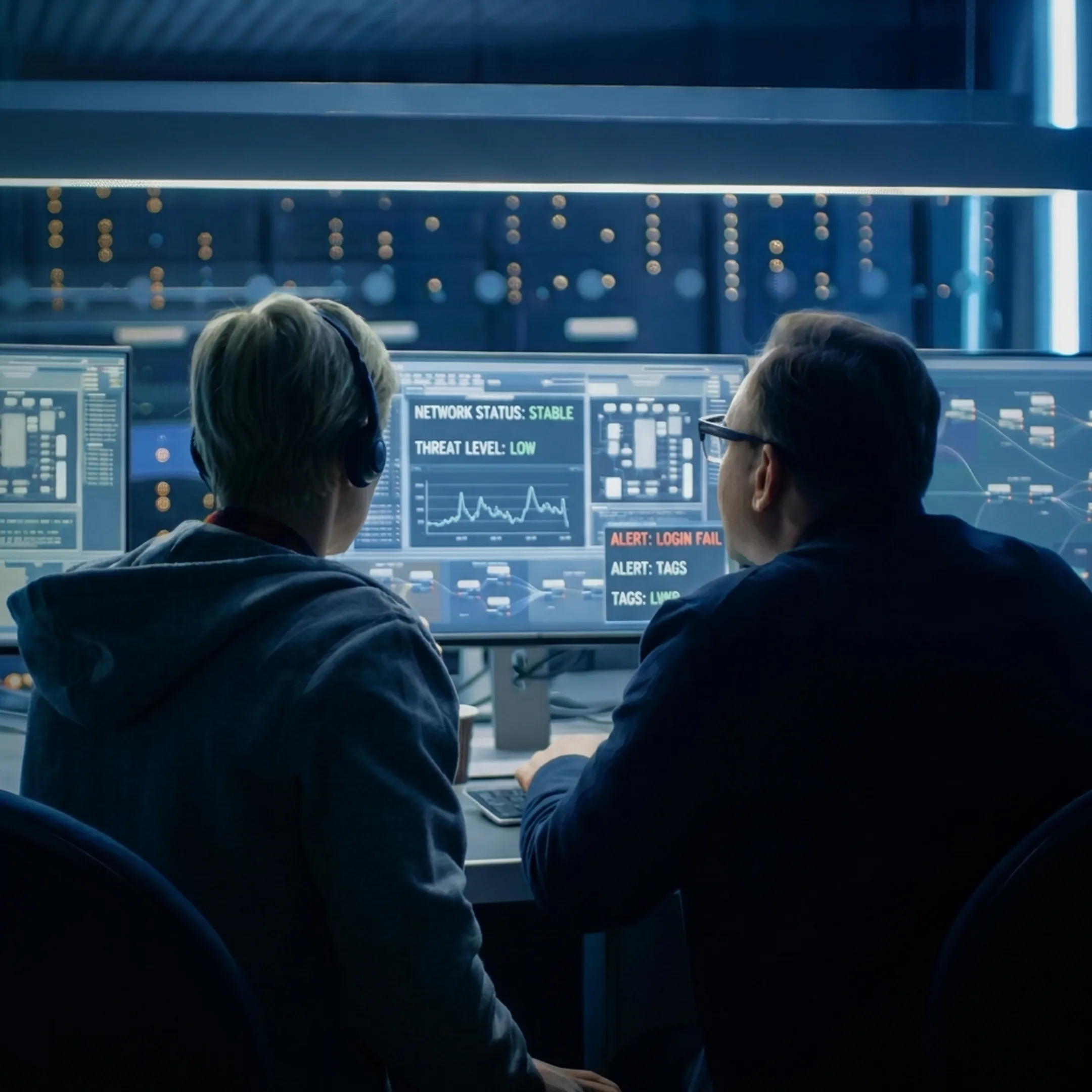 Security professionals monitoring business cybersecurity dashboards