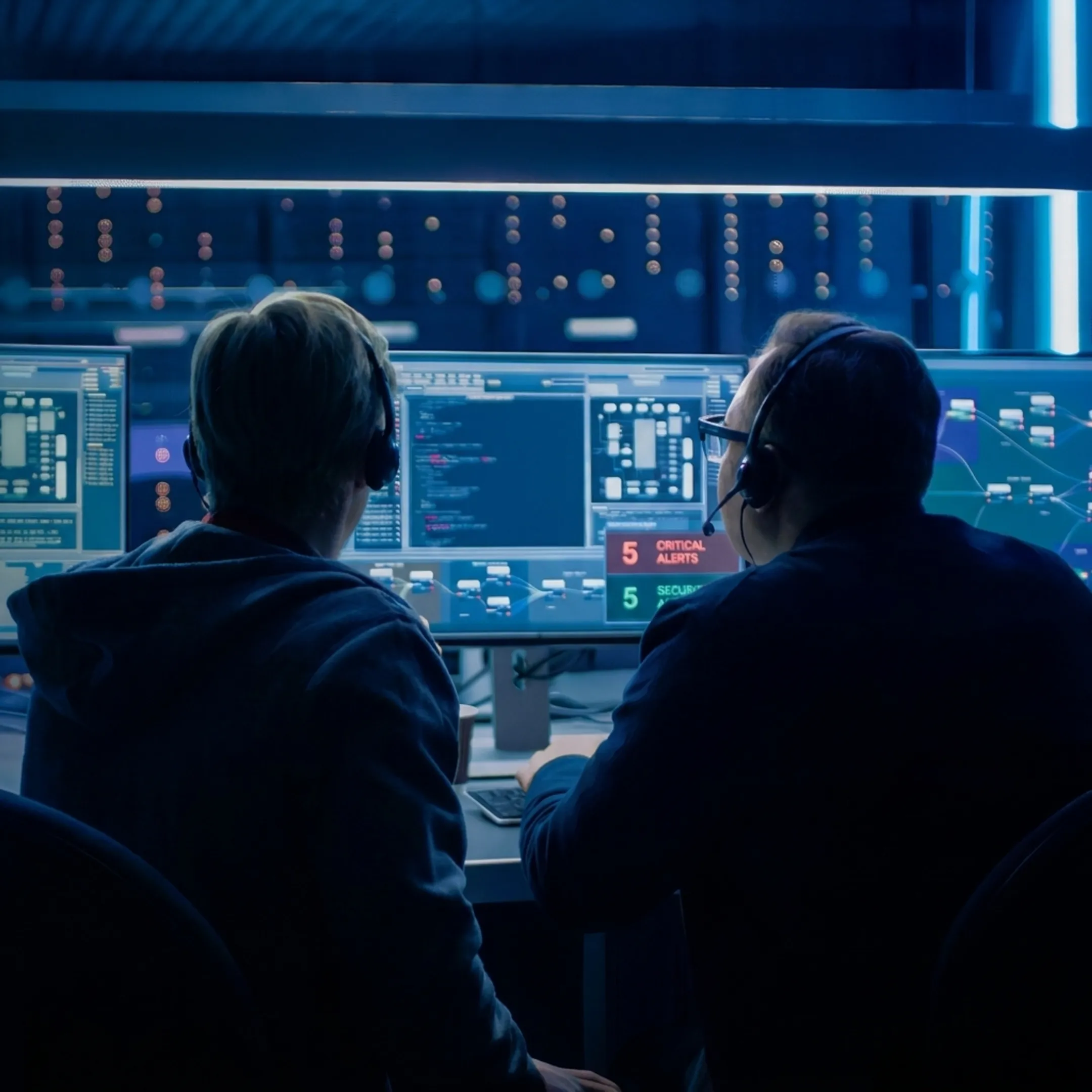 Cybersecurity specialist analyzing threat activity on secure monitors