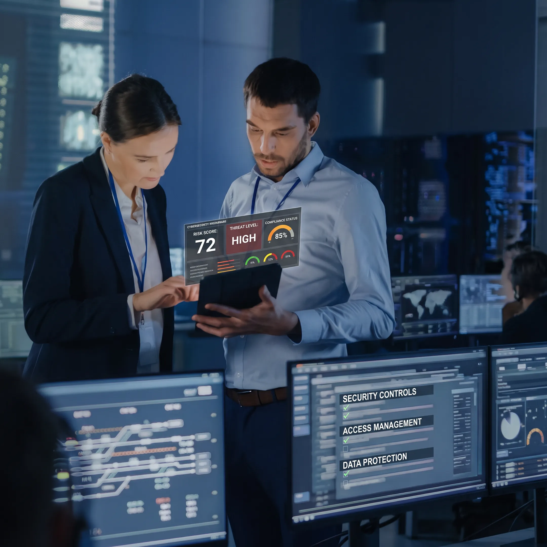 Cybersecurity leader reviewing business security strategy with team