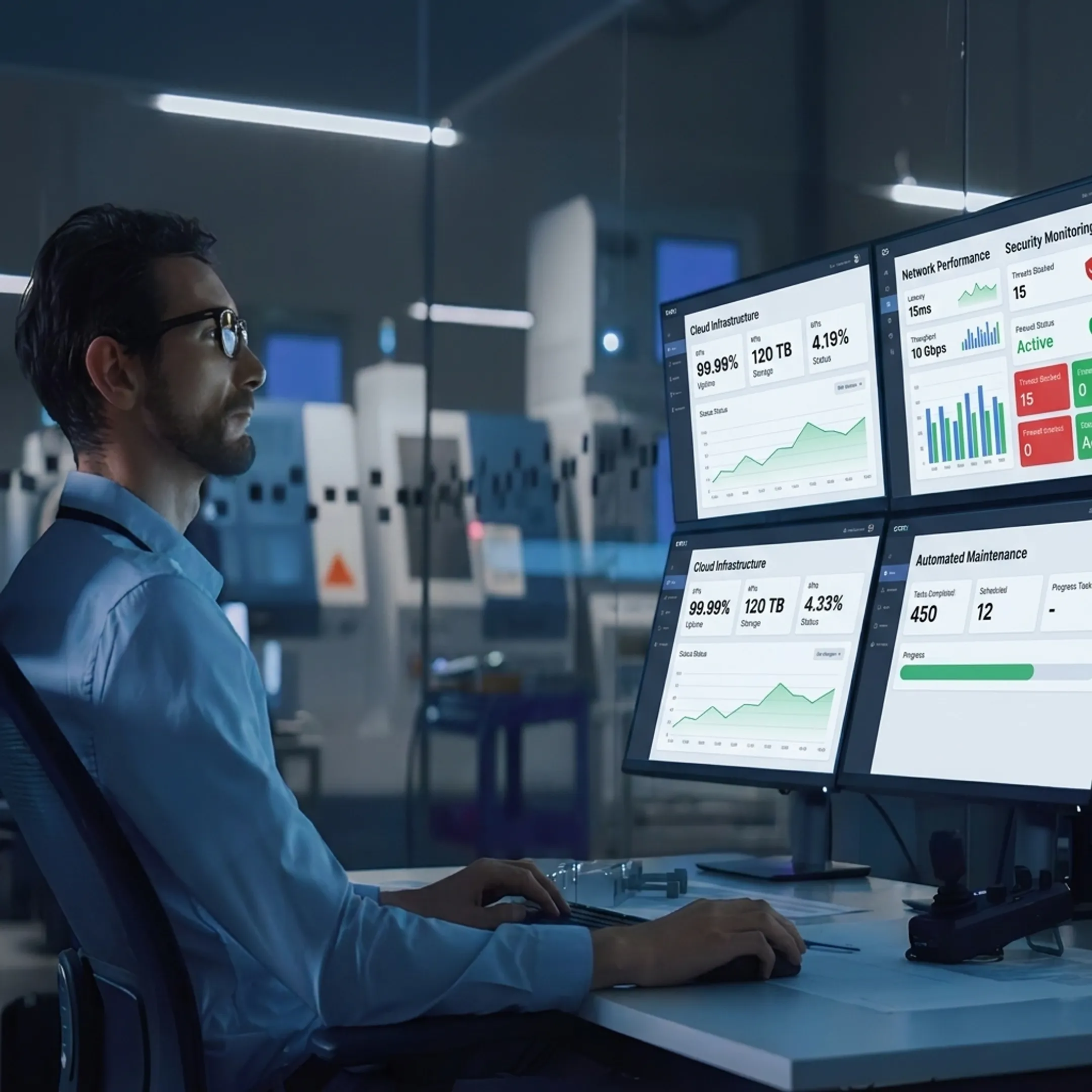 Managed IT professional reviewing secure cloud and network performance dashboards