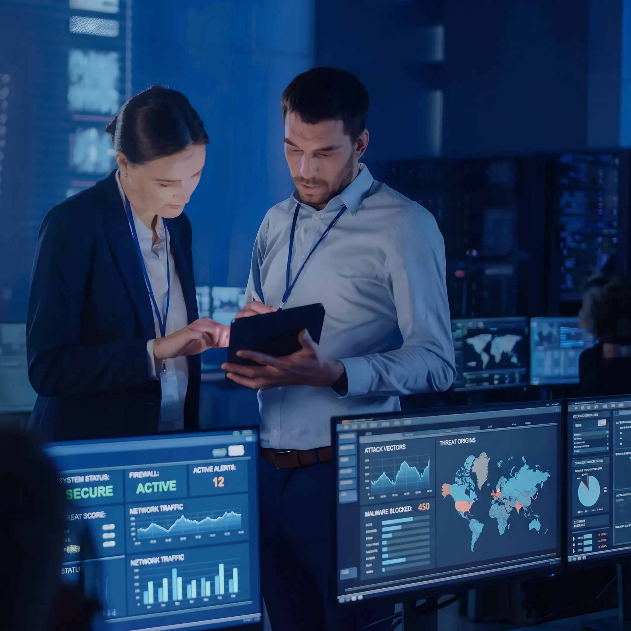 IT specialists monitoring secure business systems on multiple computer screens