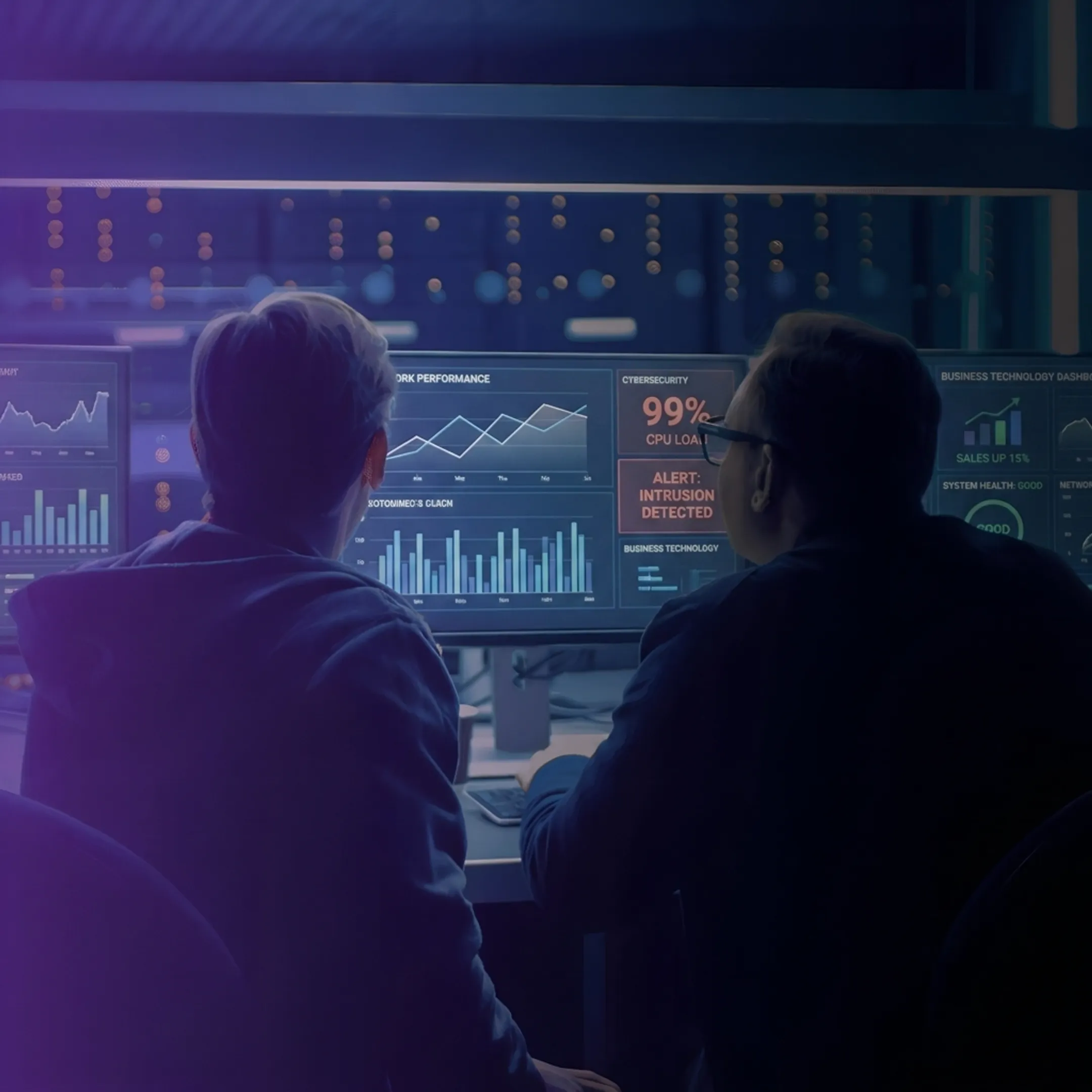 IT professional reviewing a small business technology dashboard
