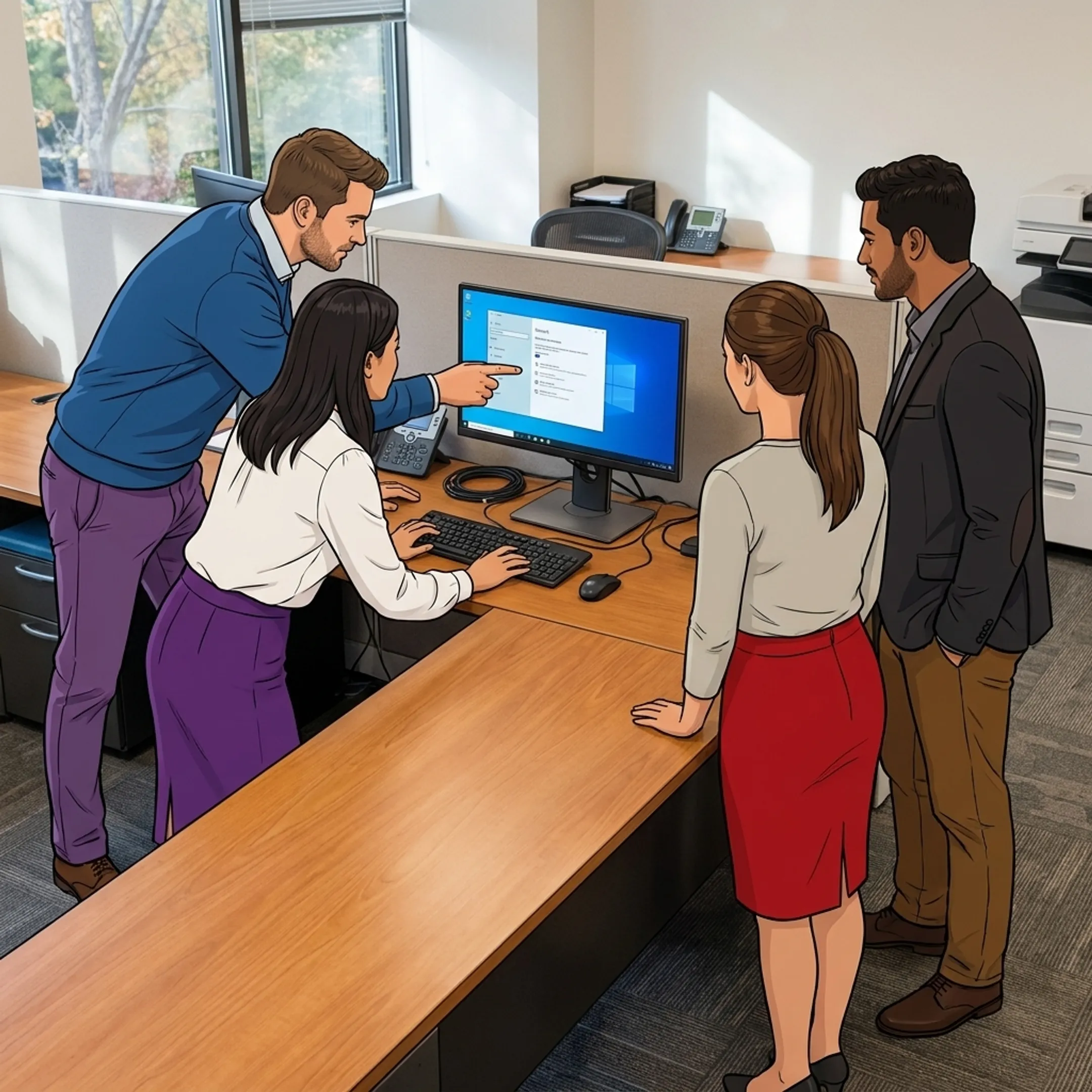 IT technician assisting a small business team with secure computer systems
