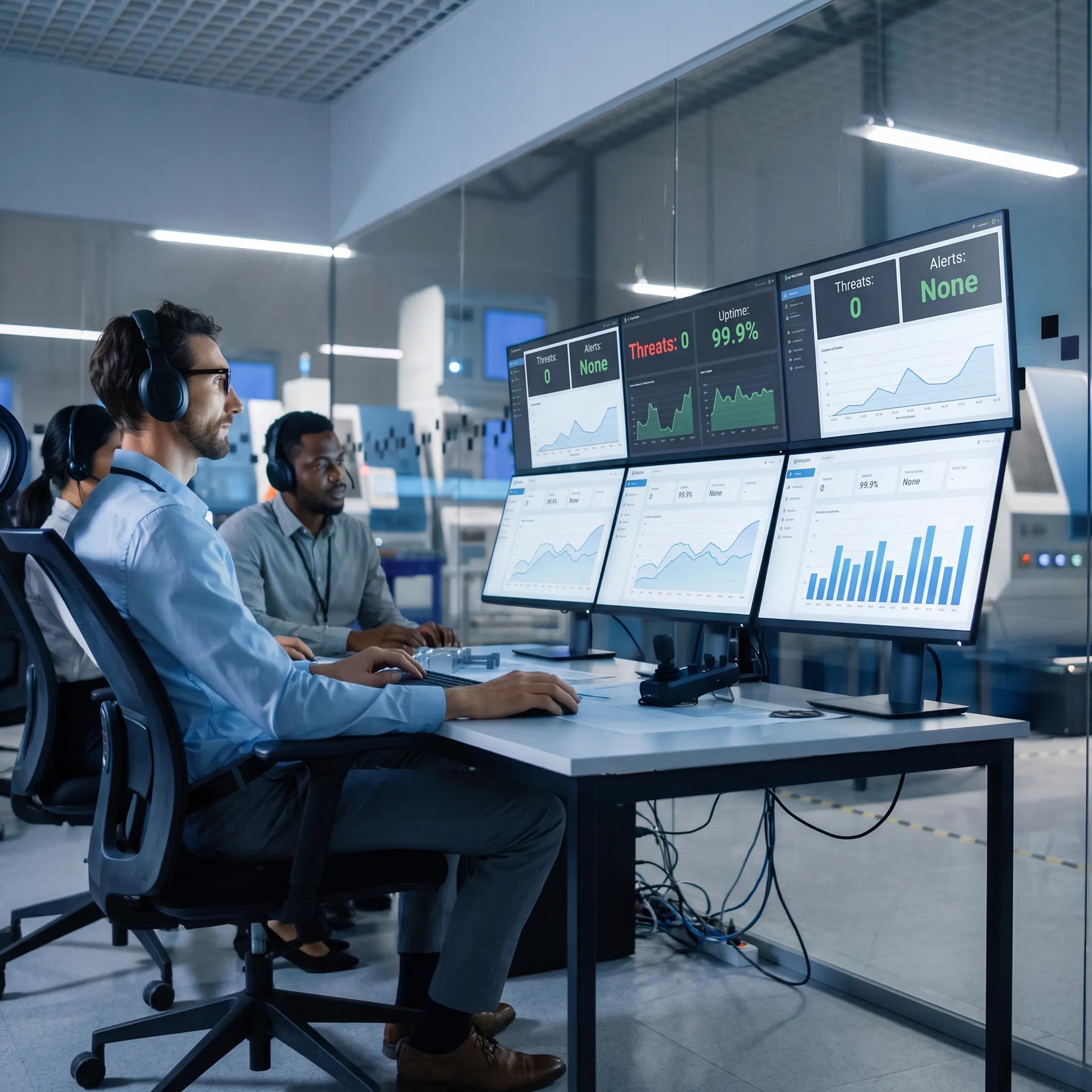 IT professionals monitoring secure business systems