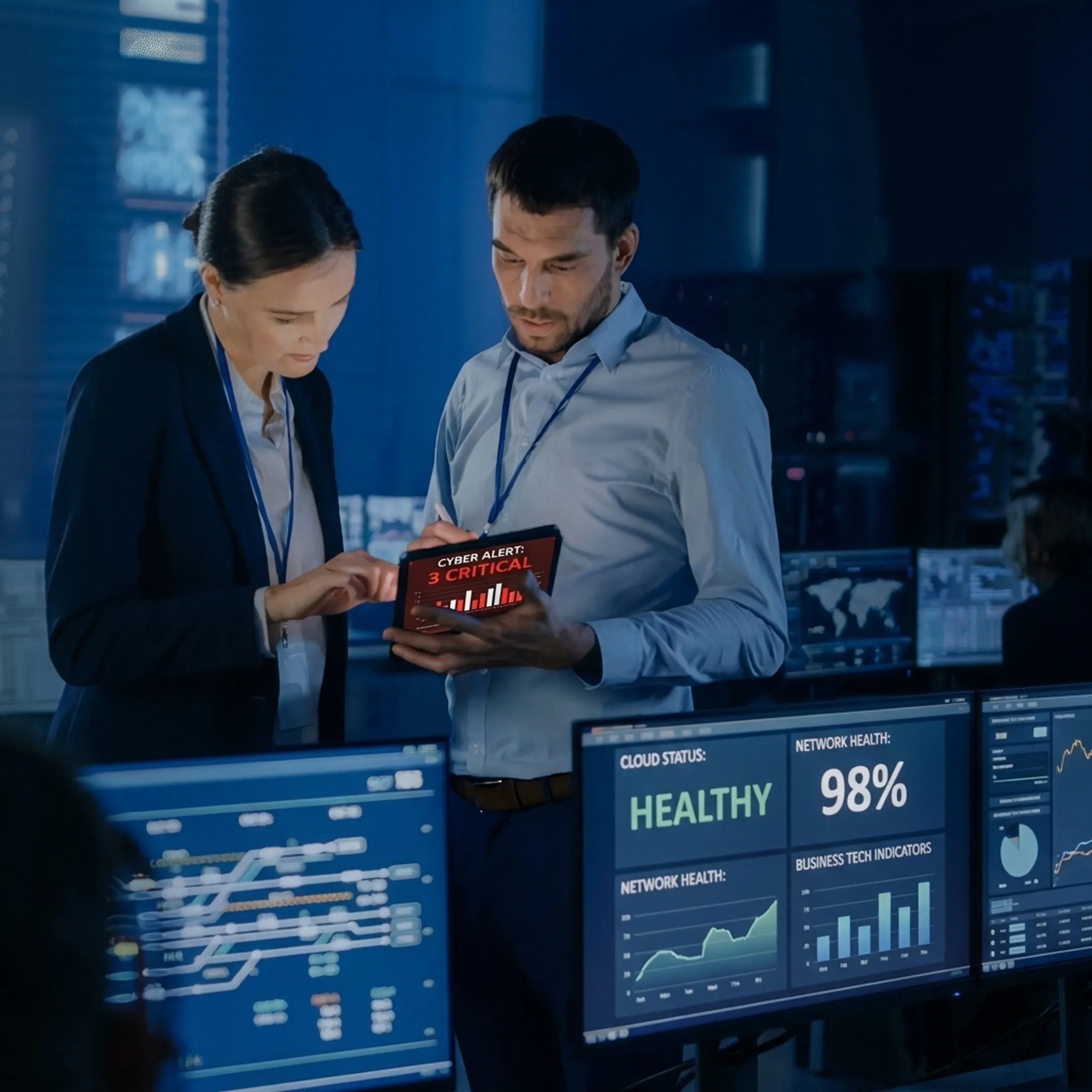 IT team reviewing managed services and cybersecurity performance dashboards